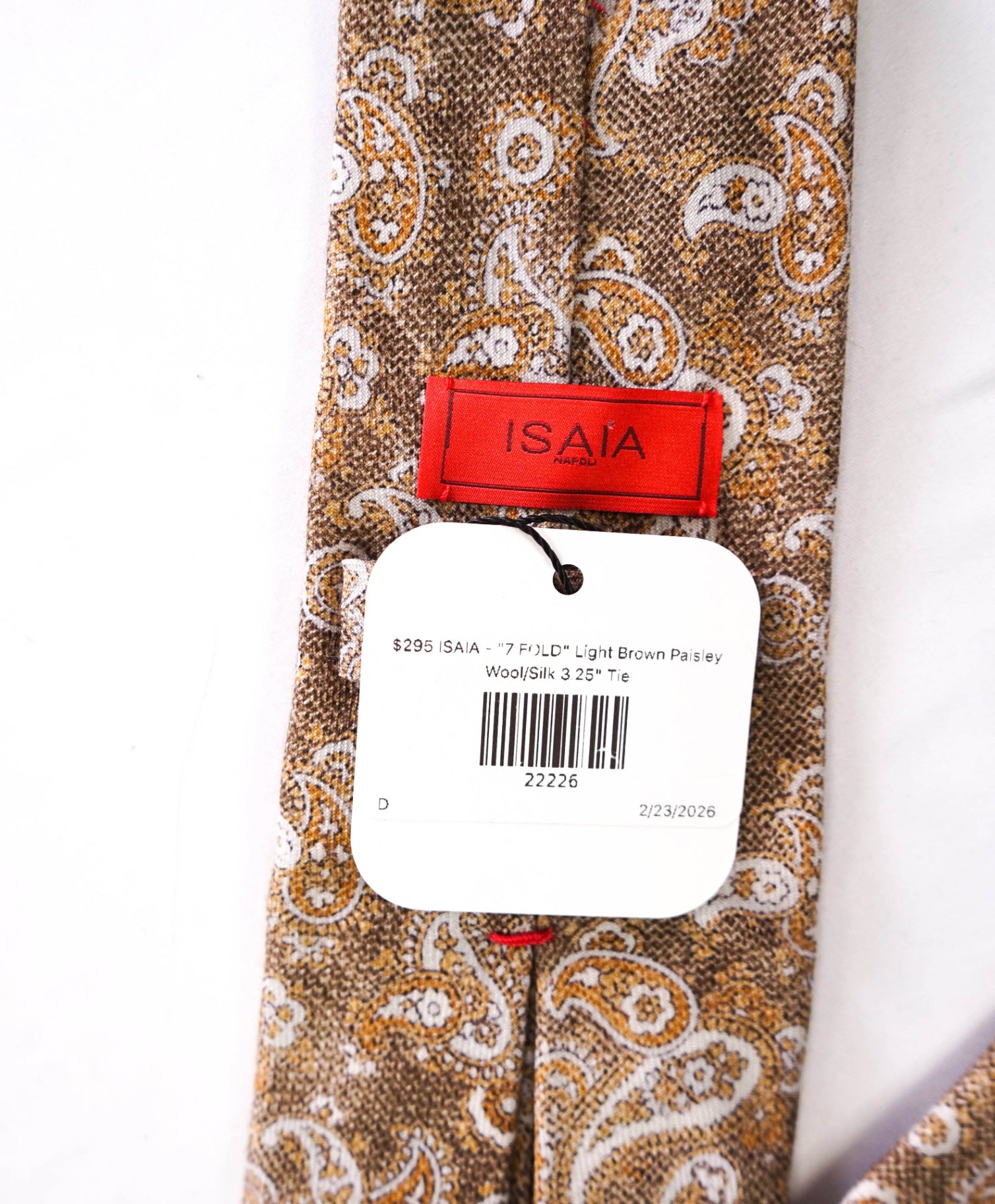 $295 ISAIA - "7 FOLD" Light Brown Paisley Wool/Silk 3.25" Tie
