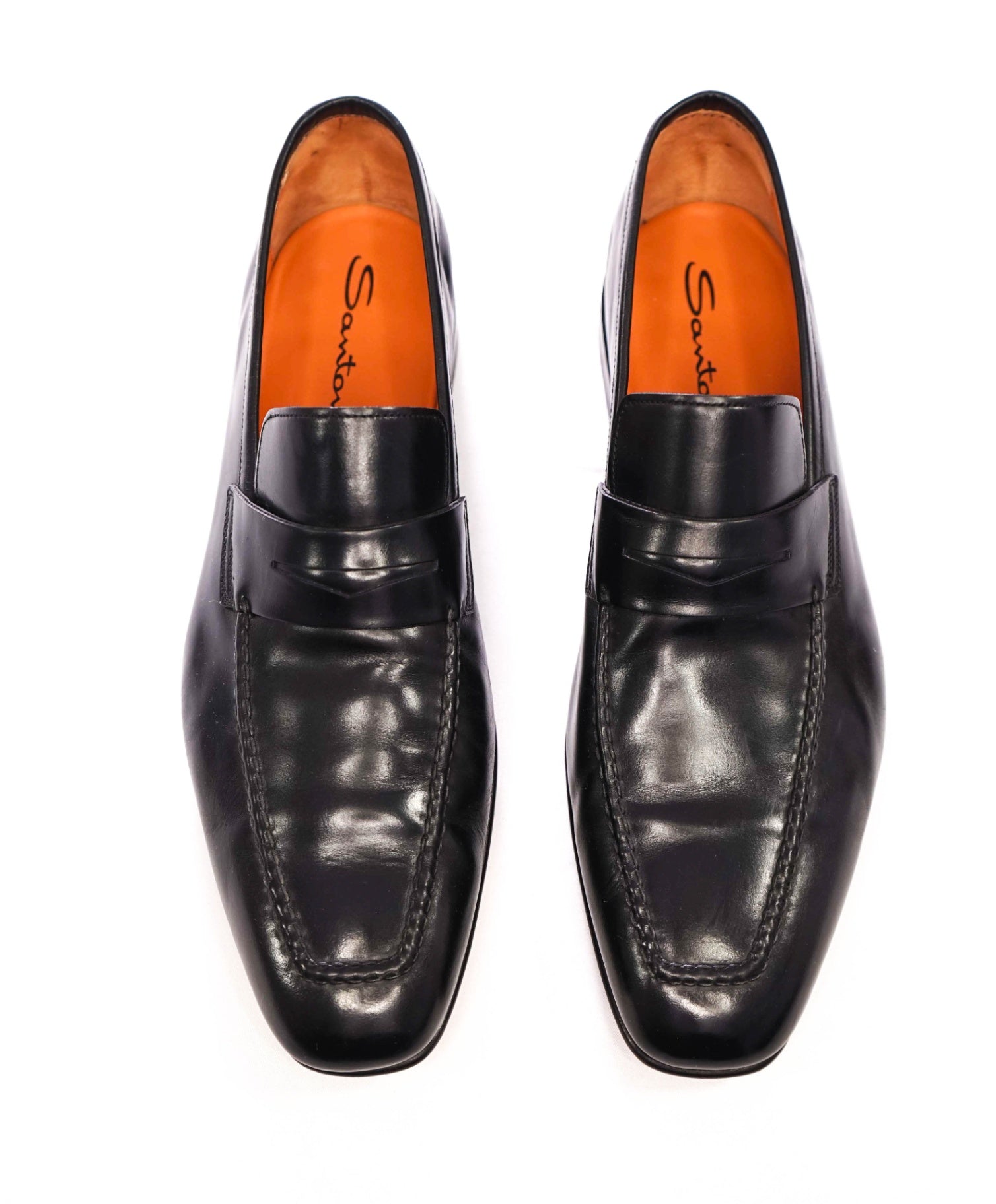 $895 SANTONI - Black Leather Penny Loafers - US 11 (UK10)