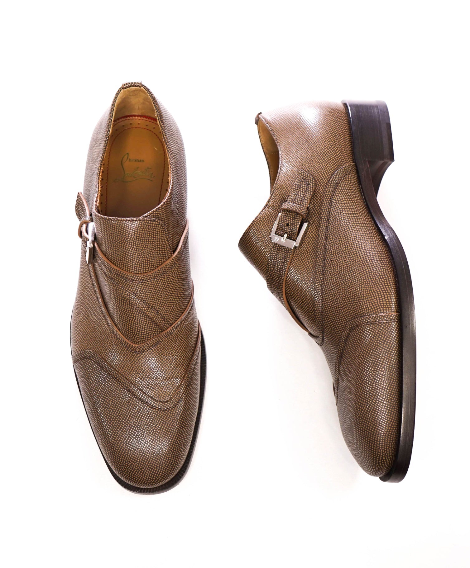 $1,145 CHRISTIAN LOUBOUTIN - Brown Pebble Leather Single Monk - US 9 (42EU)