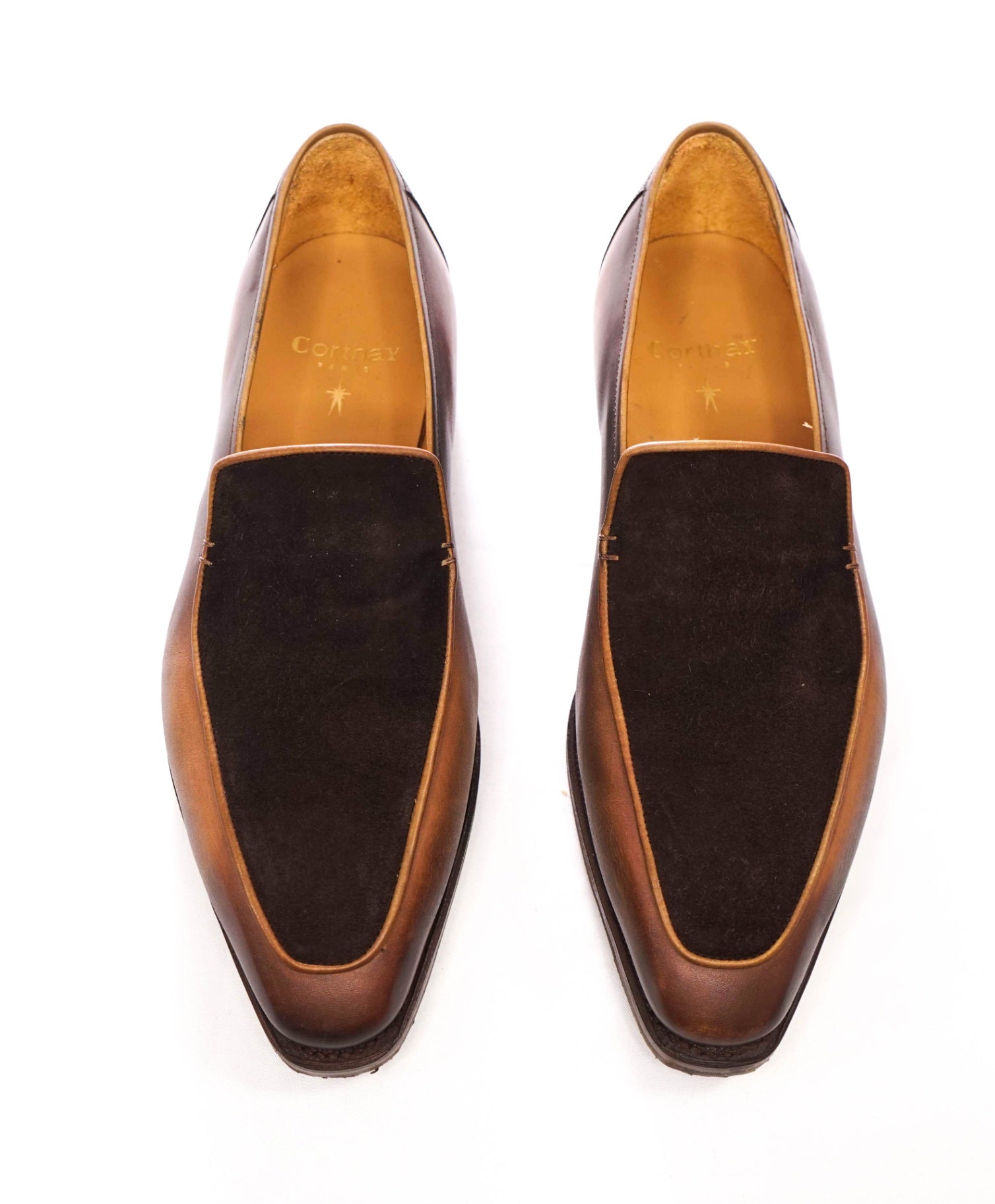 $1,595 CORTHAY - HAND PATINA Brown Leather/Suede Loafers - 9