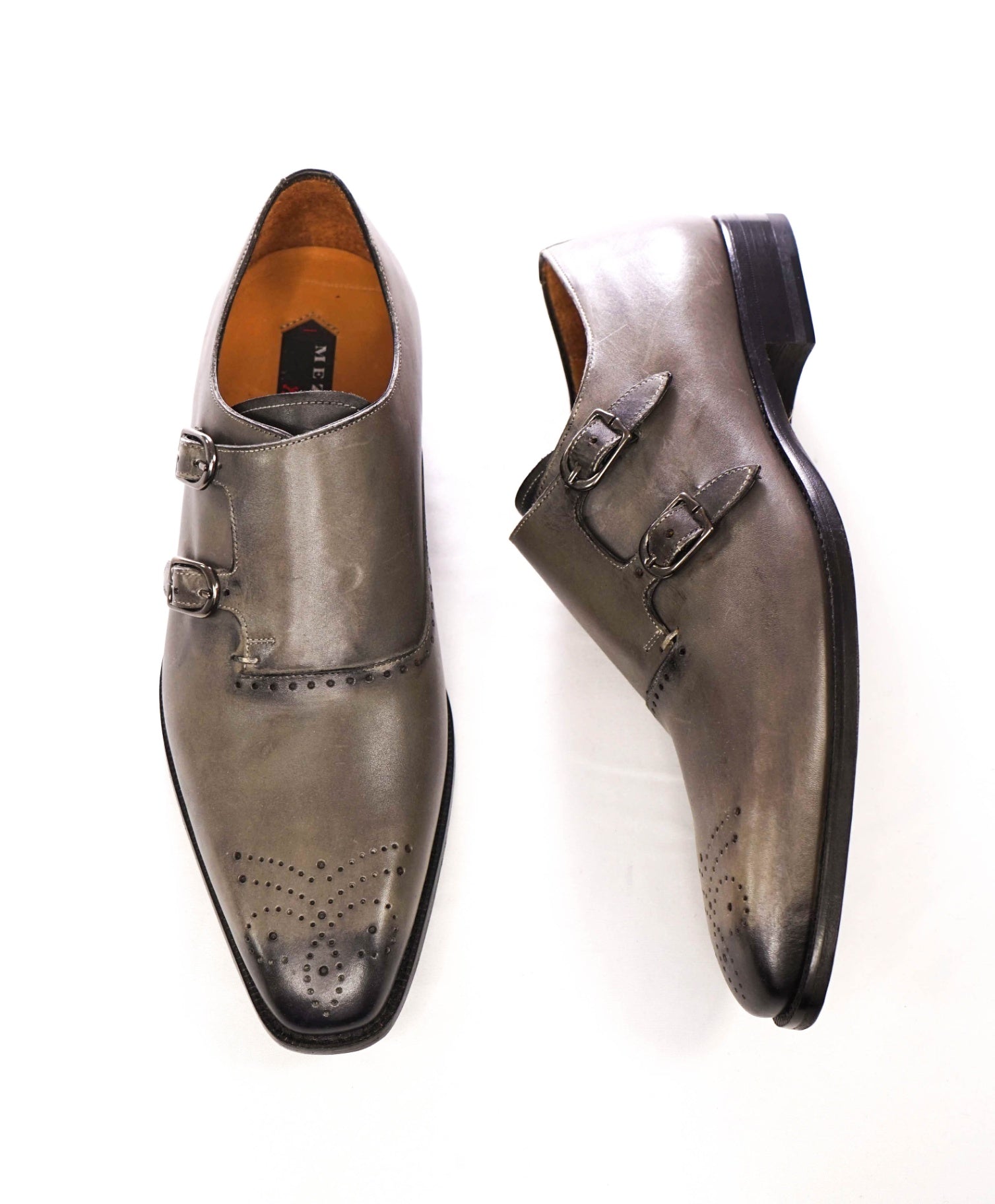 $500 MEZLAN - Gray Leather Double Monk Straps - 11 M