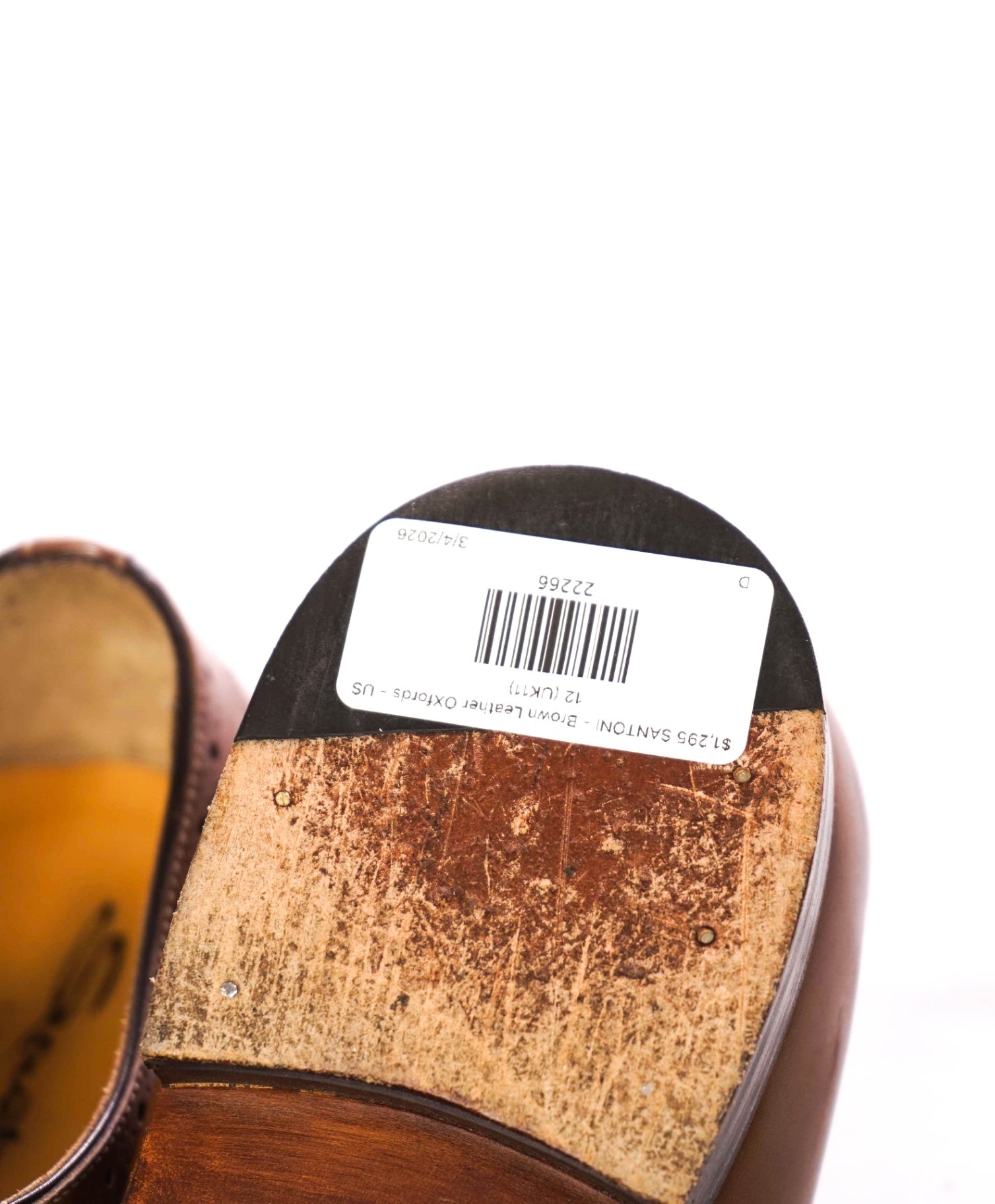 $1,295 SANTONI - "CALVIN" Whole Cut Brown Leather Oxfords - US 12 (UK11)