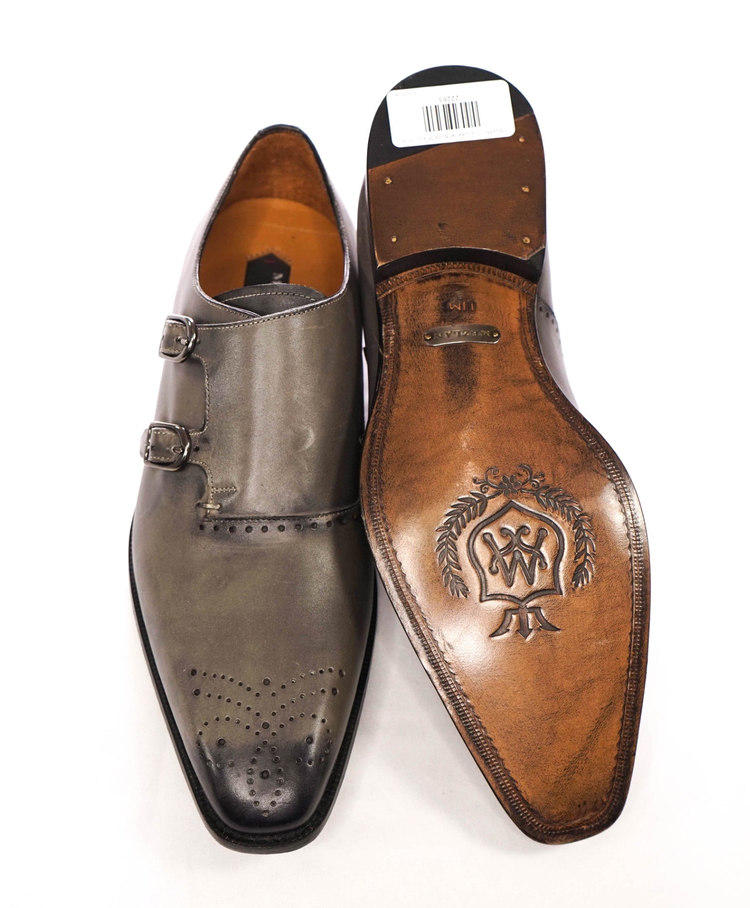 $500 MEZLAN - Gray Leather Double Monk Straps - 11 M