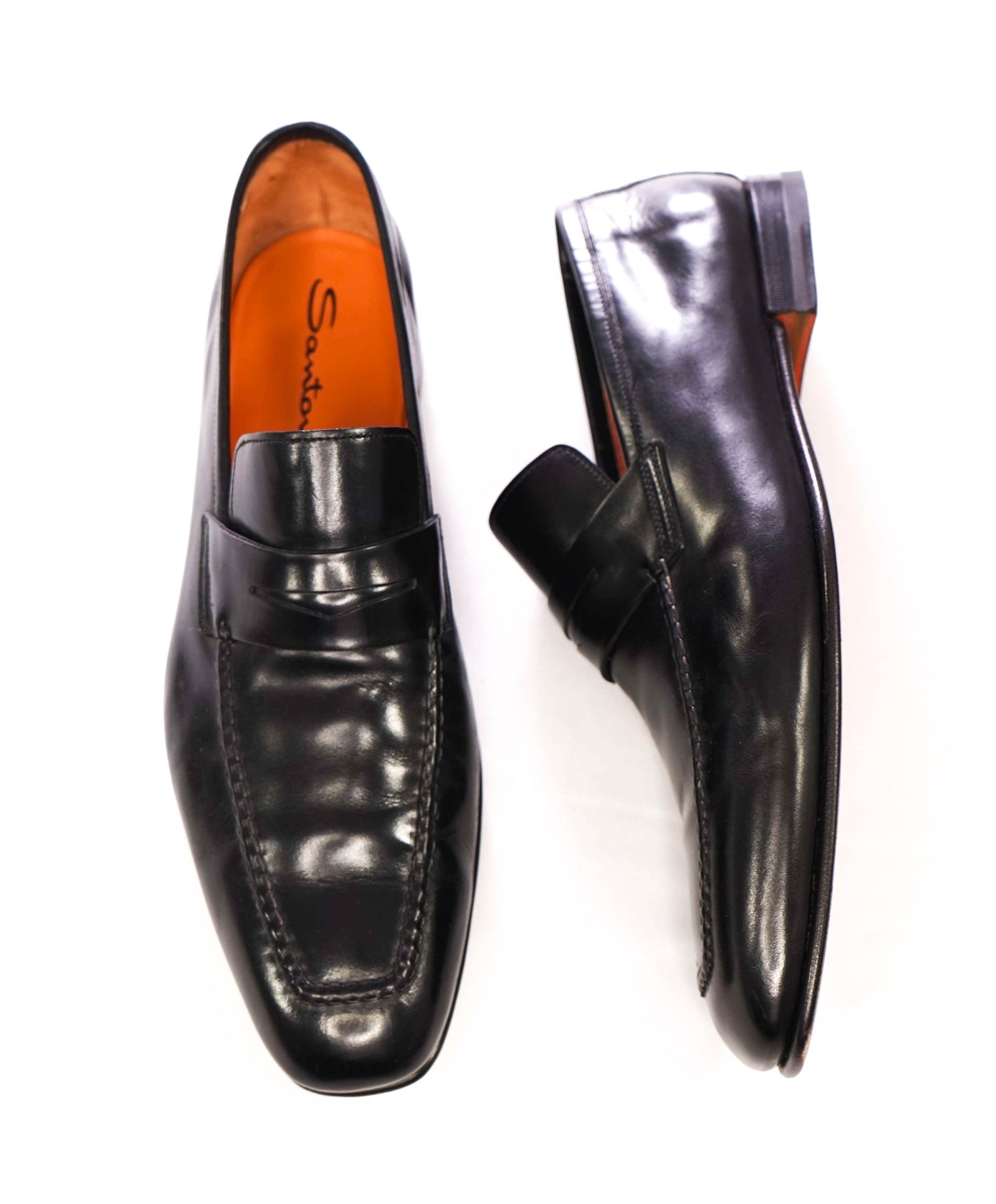 $895 SANTONI - Black Leather Penny Loafers - US 11 (UK10)