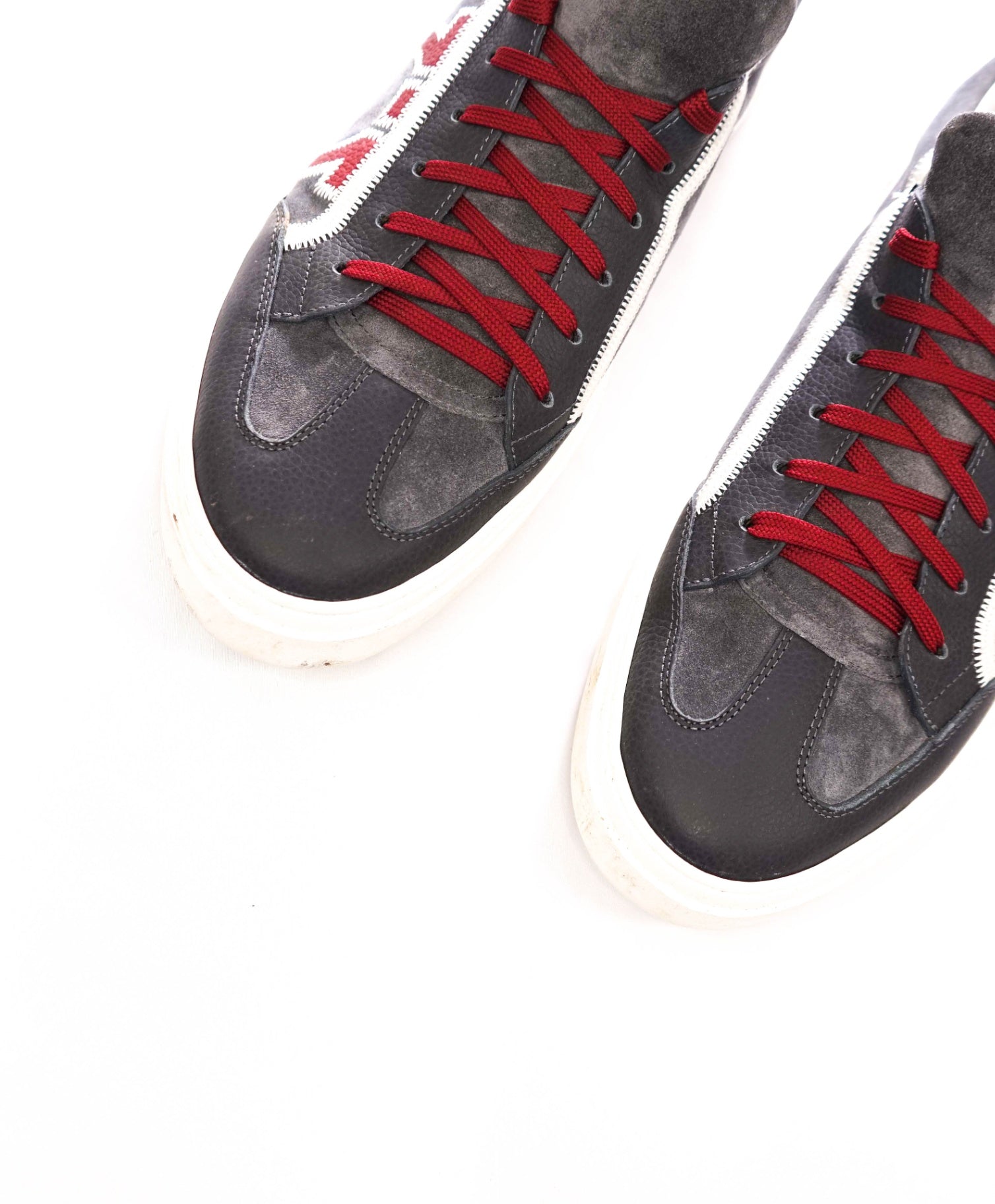 $795 FERRAGAMO - Gray/Red Suede/Leather Sneakers - 12 M