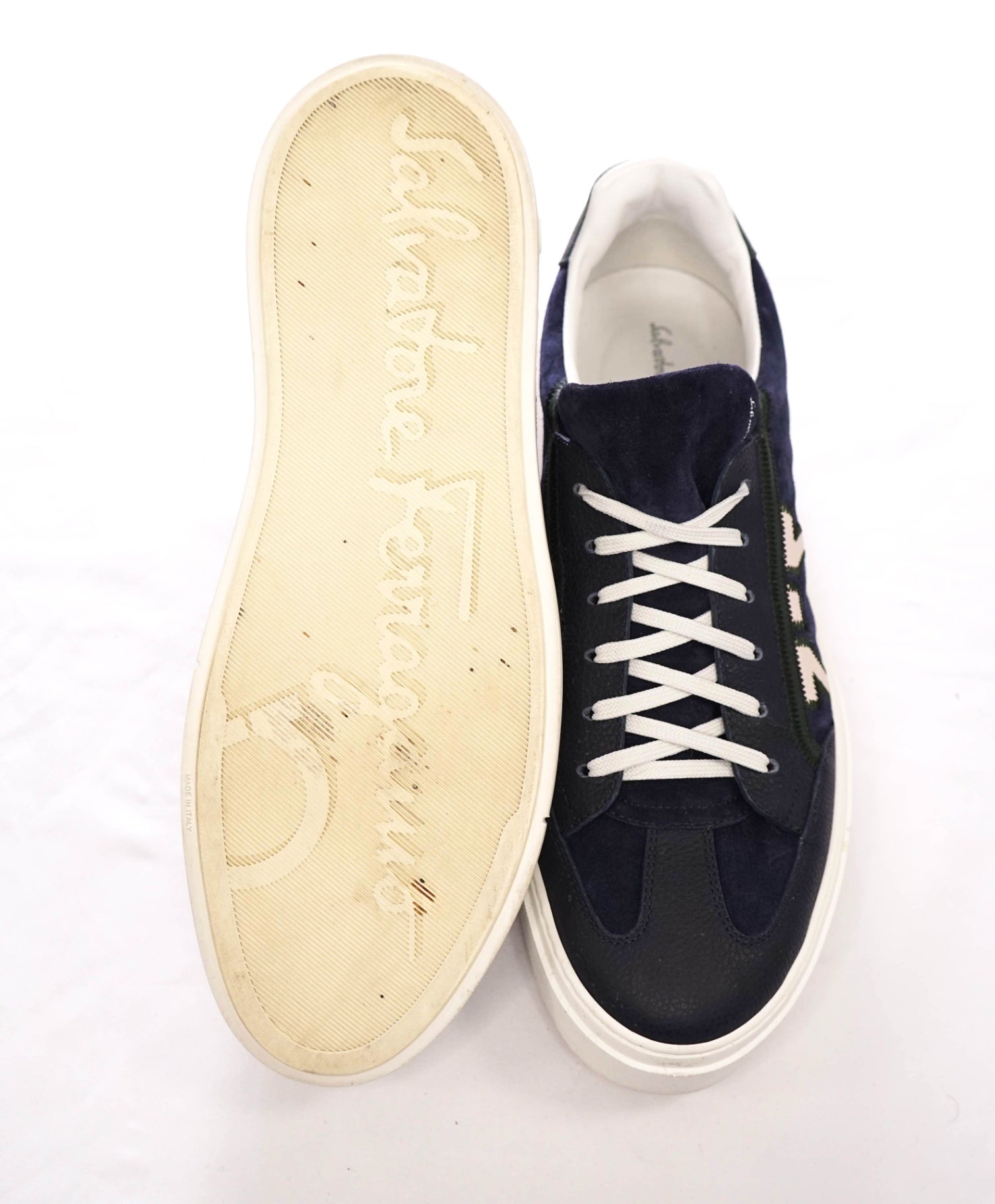 $795 FERRAGAMO - Navy Blue Suede/Leather Sneakers - 12 M
