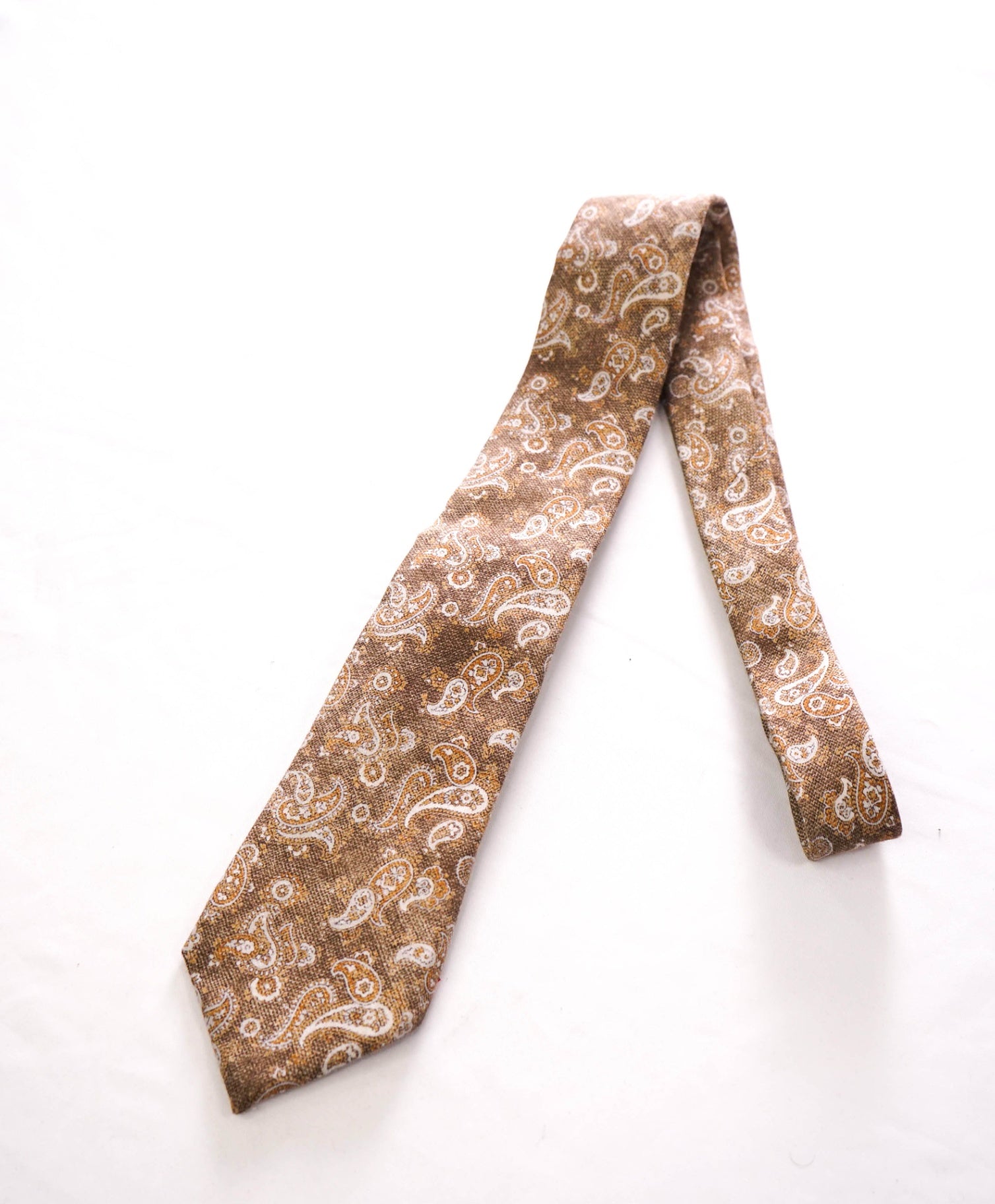 $295 ISAIA - "7 FOLD" Light Brown Paisley Wool/Silk 3.25" Tie