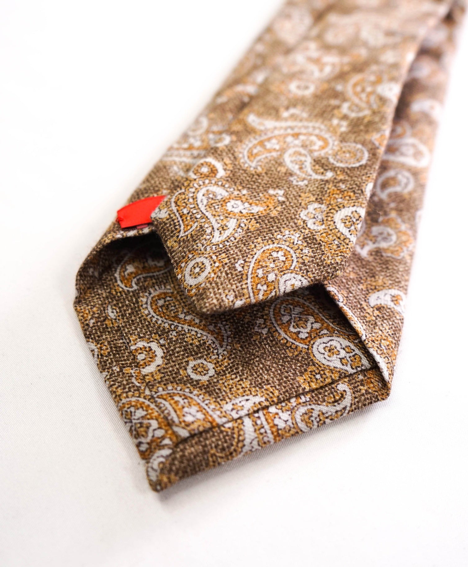 $295 ISAIA - "7 FOLD" Light Brown Paisley Wool/Silk 3.25" Tie