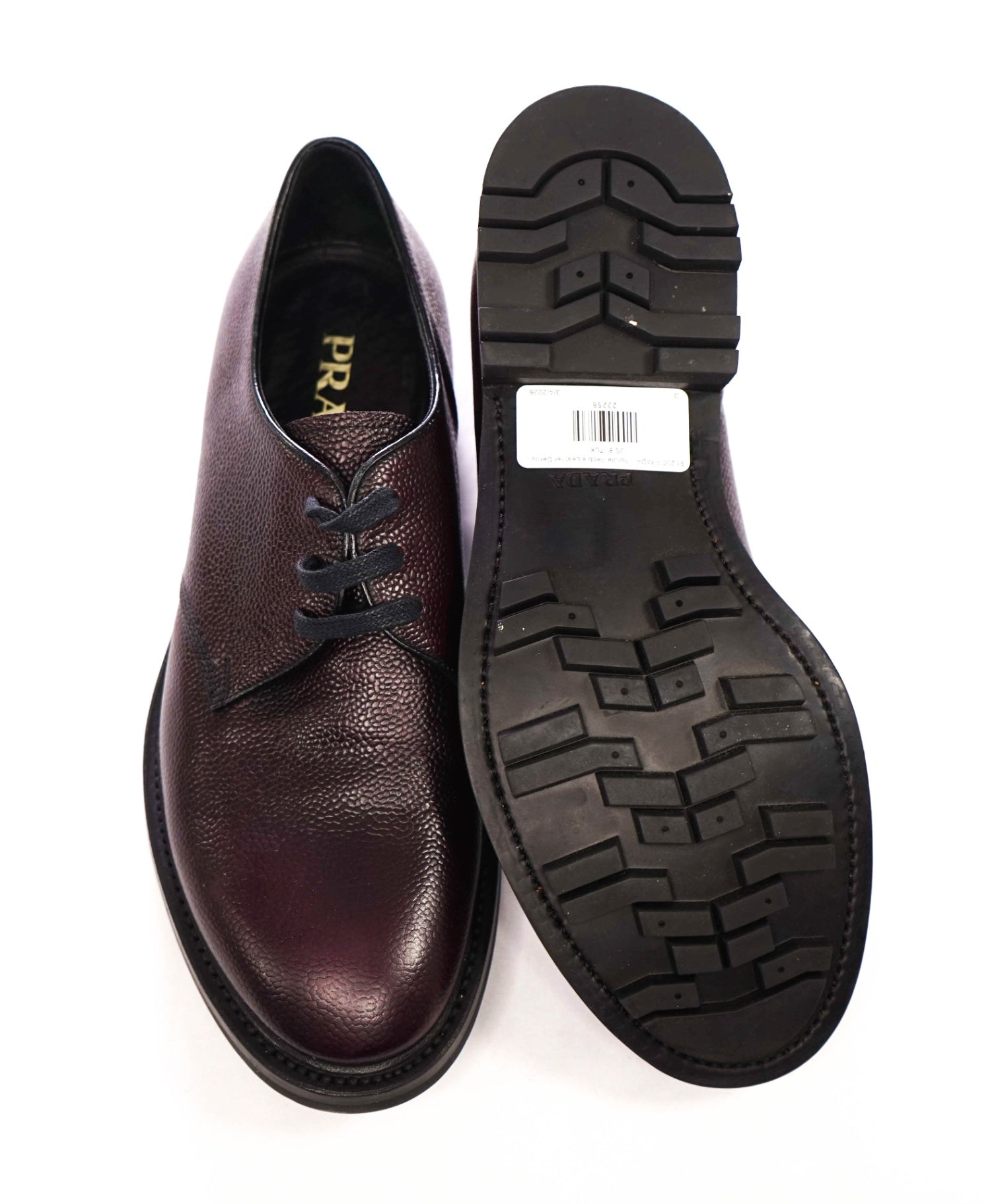 $1,200 PRADA - Plum Brown Pebble Leather Derby - US 8 (7UK)