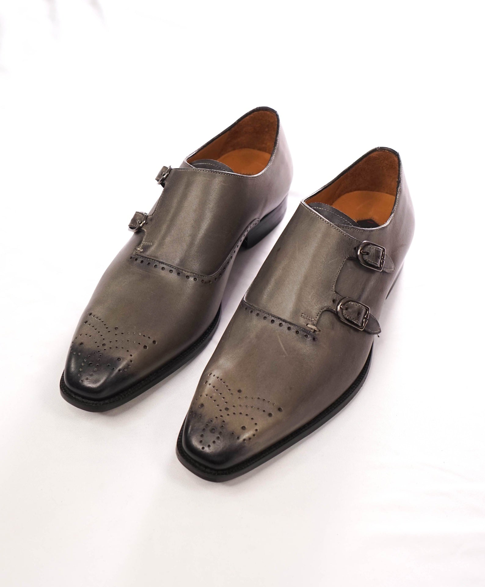$500 MEZLAN - Gray Leather Double Monk Straps - 11 M