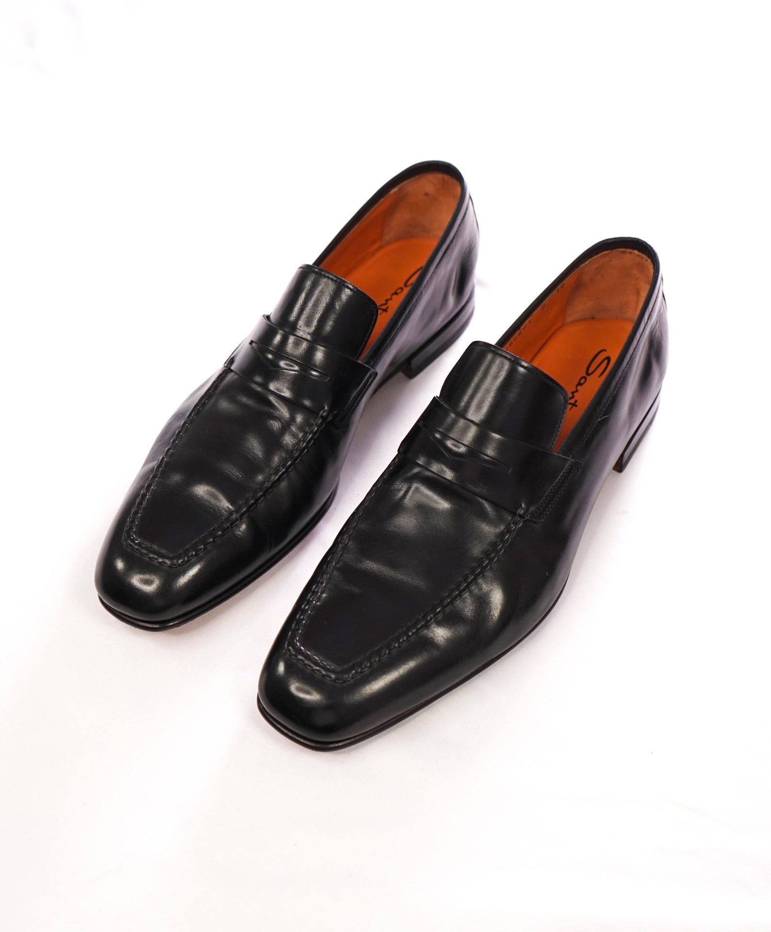 $895 SANTONI - Black Leather Penny Loafers - US 11 (UK10)