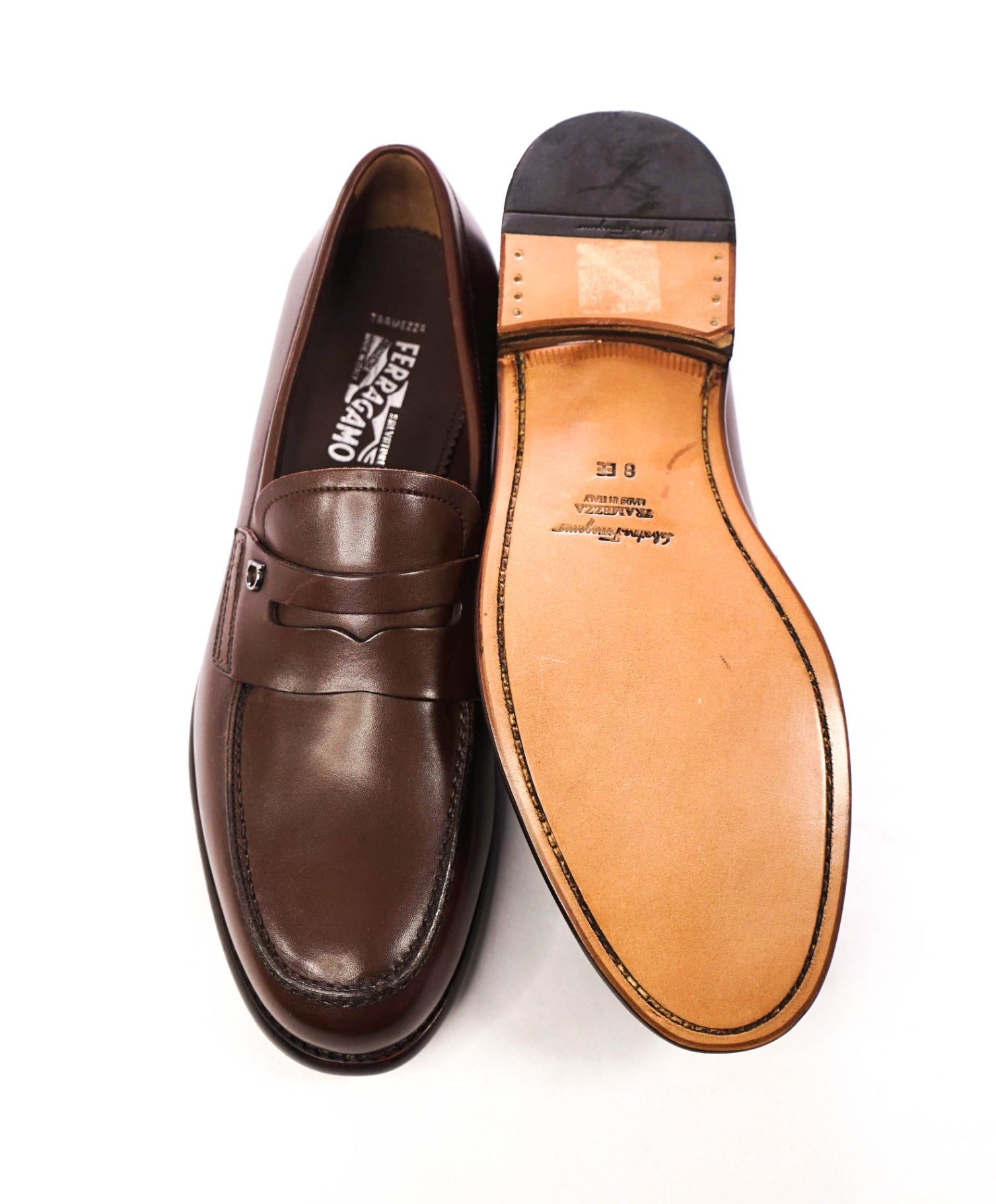 $1,050 FERRAGAMO - Brown Leather "THEODORE" Penny Loafers - 8 EE