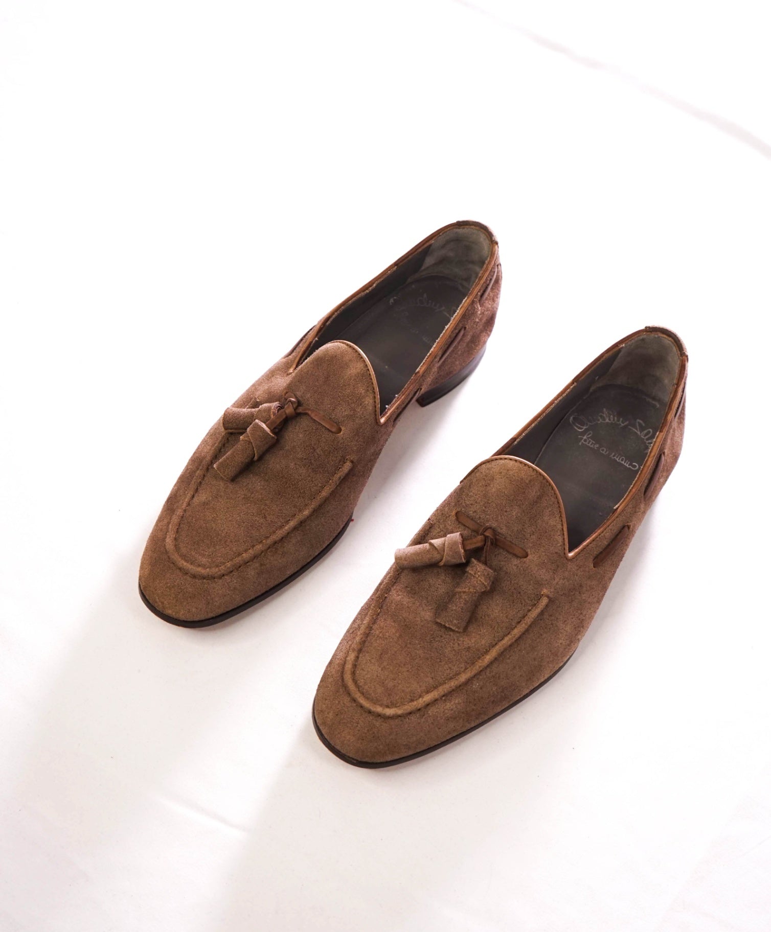 $1,050 SANTONI - Handmade Brown Suede Tassel Loafers - US 8 (7UK)