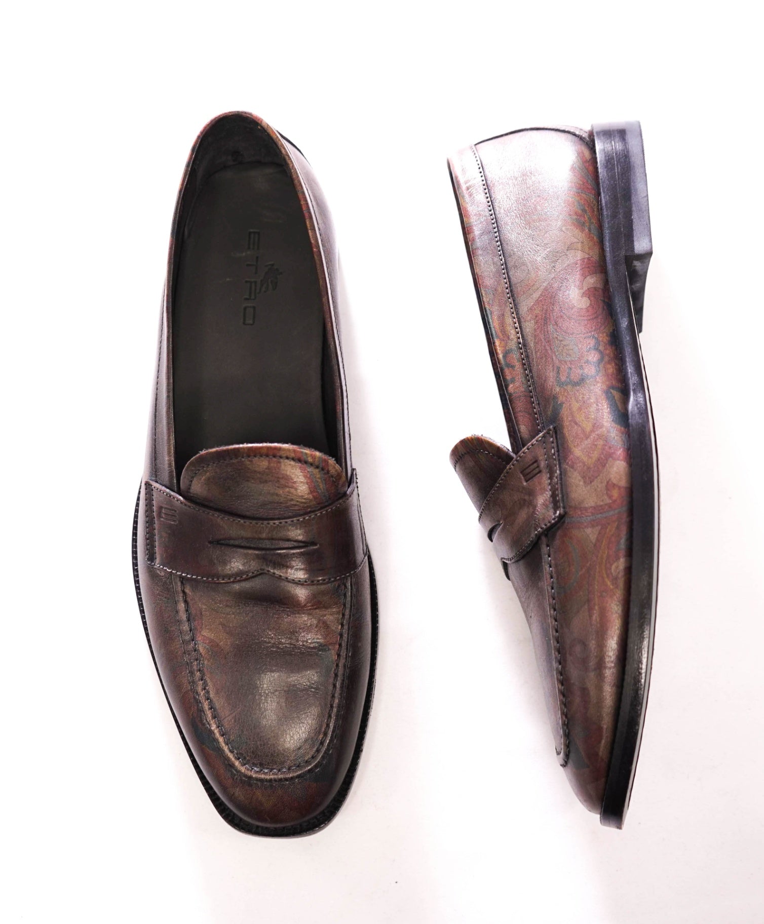 $850 ETRO - Brown Floral Paisley Leather Penny Loafers - US 11 (EU44)
