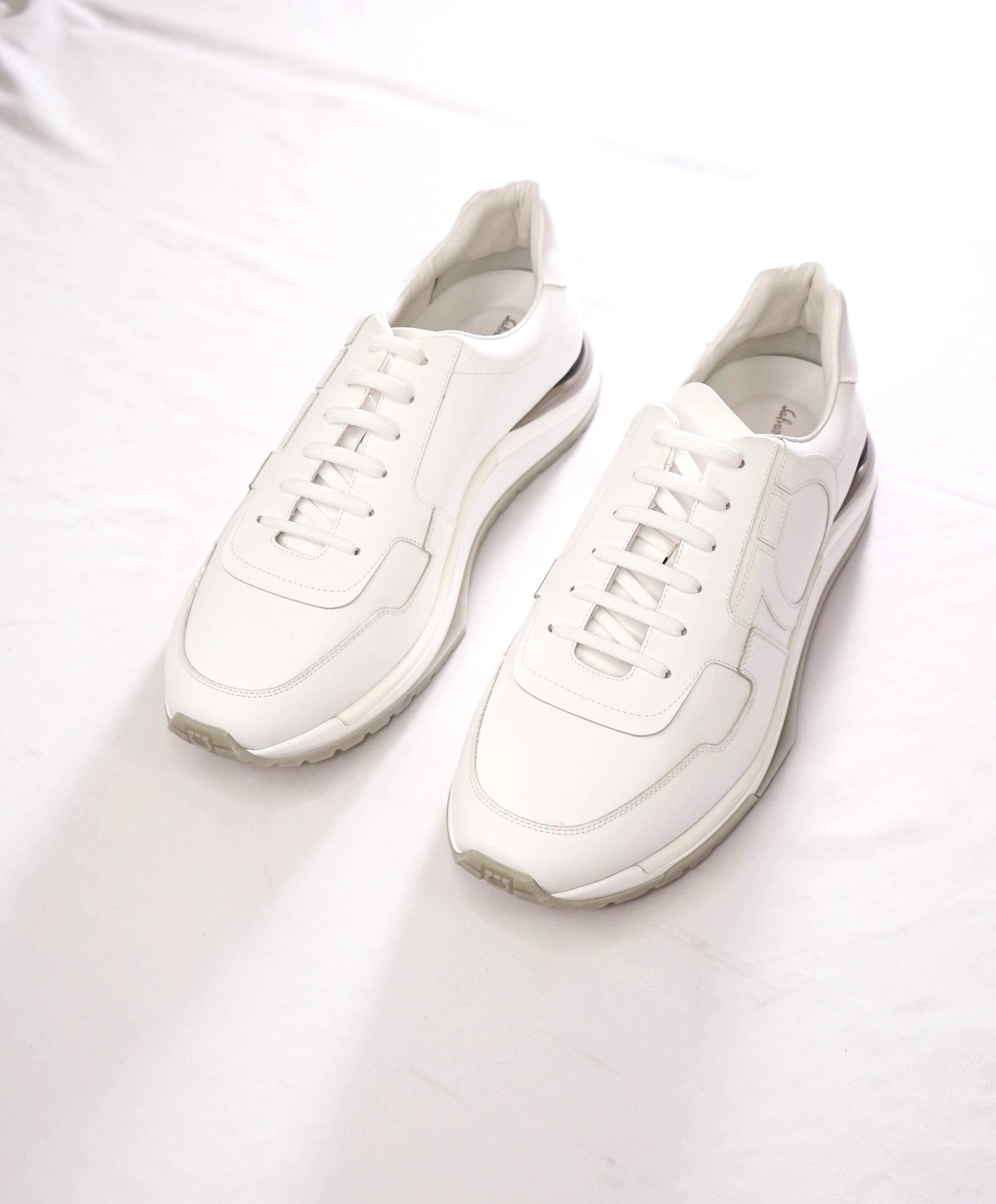 $995 FERRAGAMO - "Brooklyn" White Leather Sneakers - 13 M