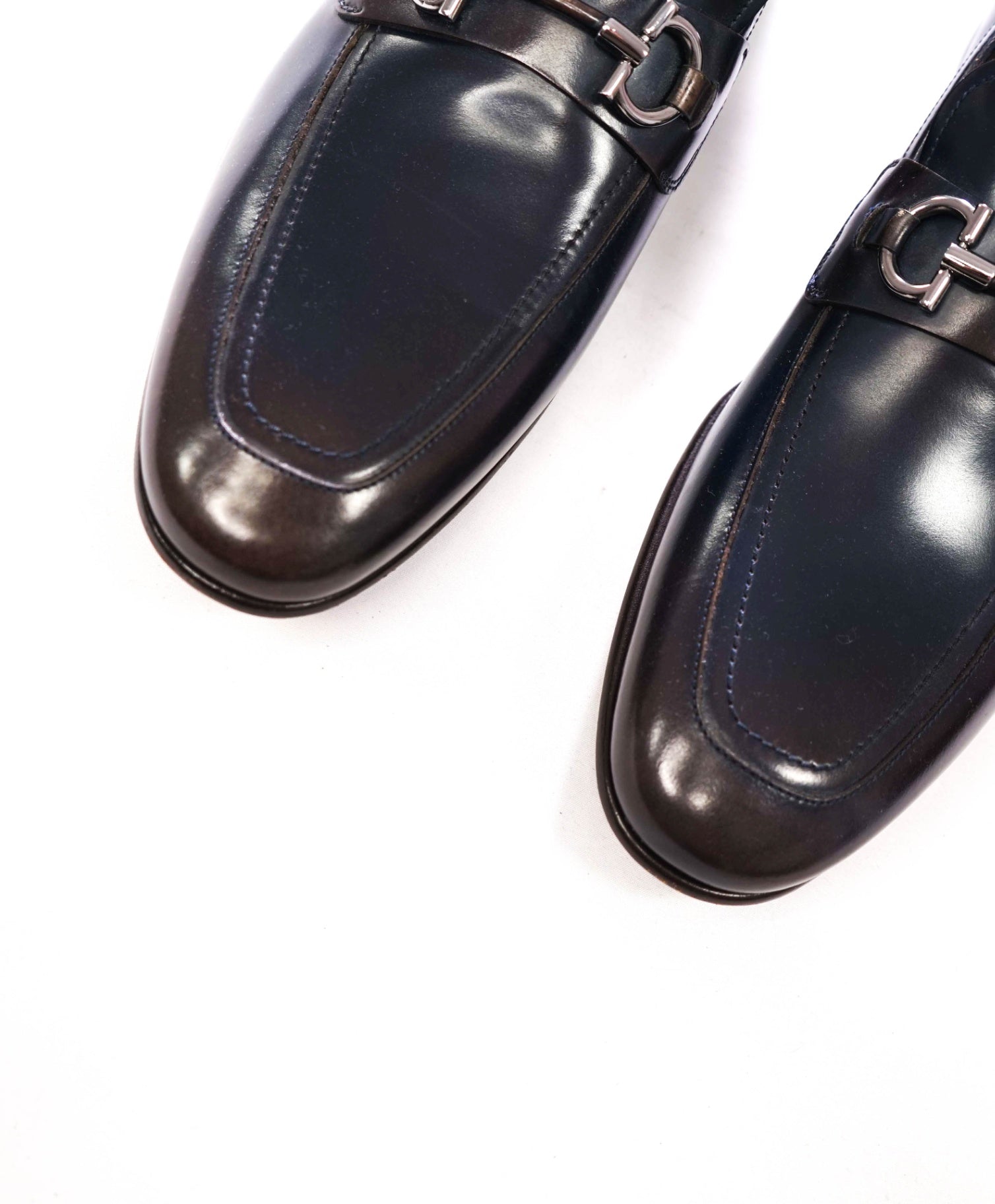 $850 FERRAGAMO - Ombre Navy Blue/Brown Leather Loafers - 11 D