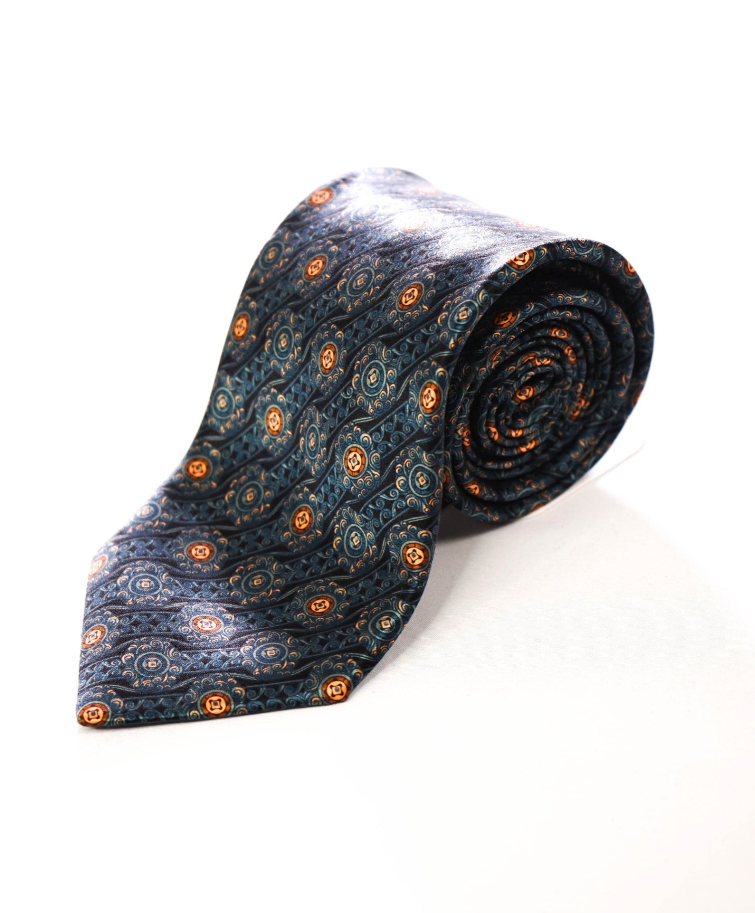 $265 ITALO FERRETTI - Navy Blue Medallion Silk - 3.25" Tie