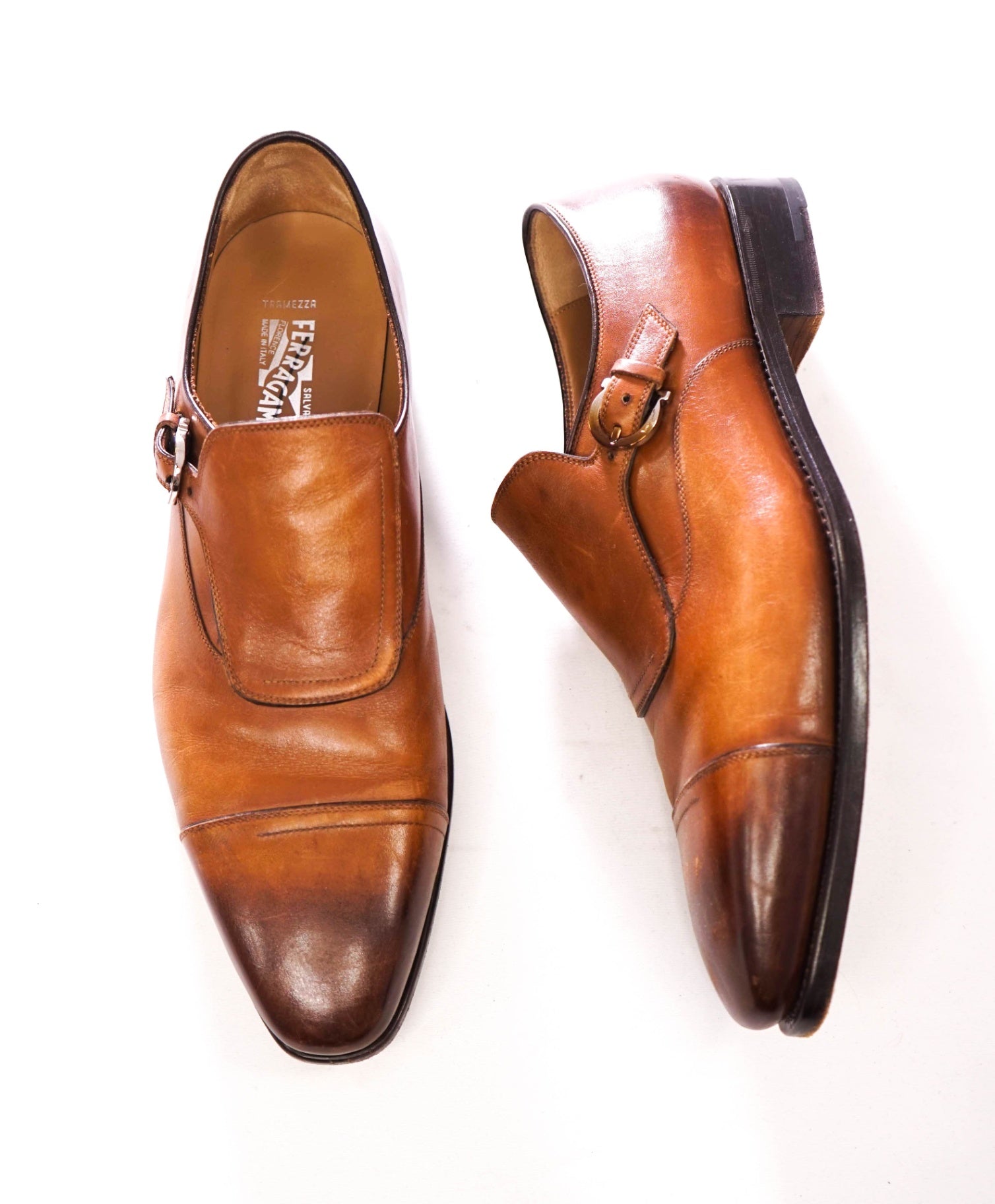 $1,595 FERRAGAMO - "TRAMEZZA" Leather Brown Single Monk - 11 D