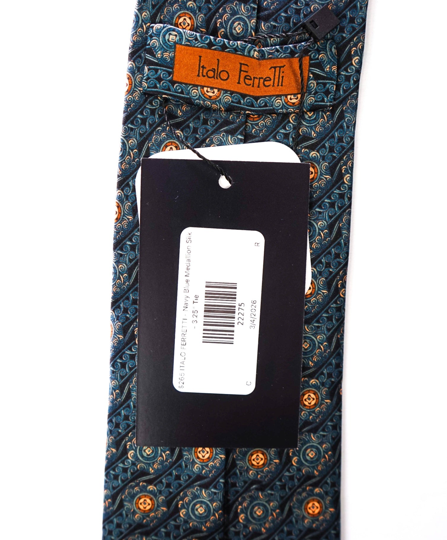 $265 ITALO FERRETTI - Navy Blue Medallion Silk - 3.25" Tie