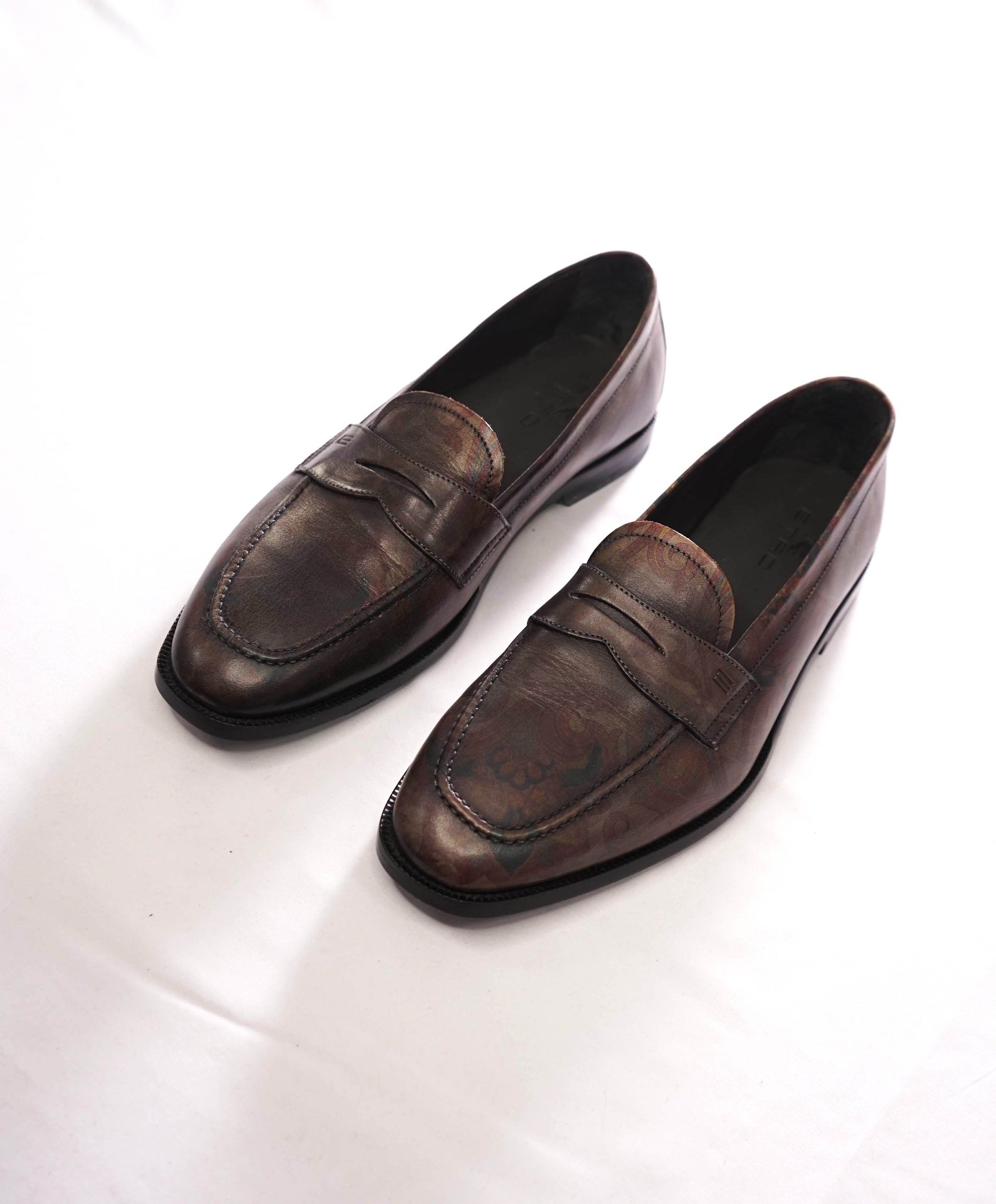 $850 ETRO - Brown Floral Paisley Leather Penny Loafers - US 11 (EU44)
