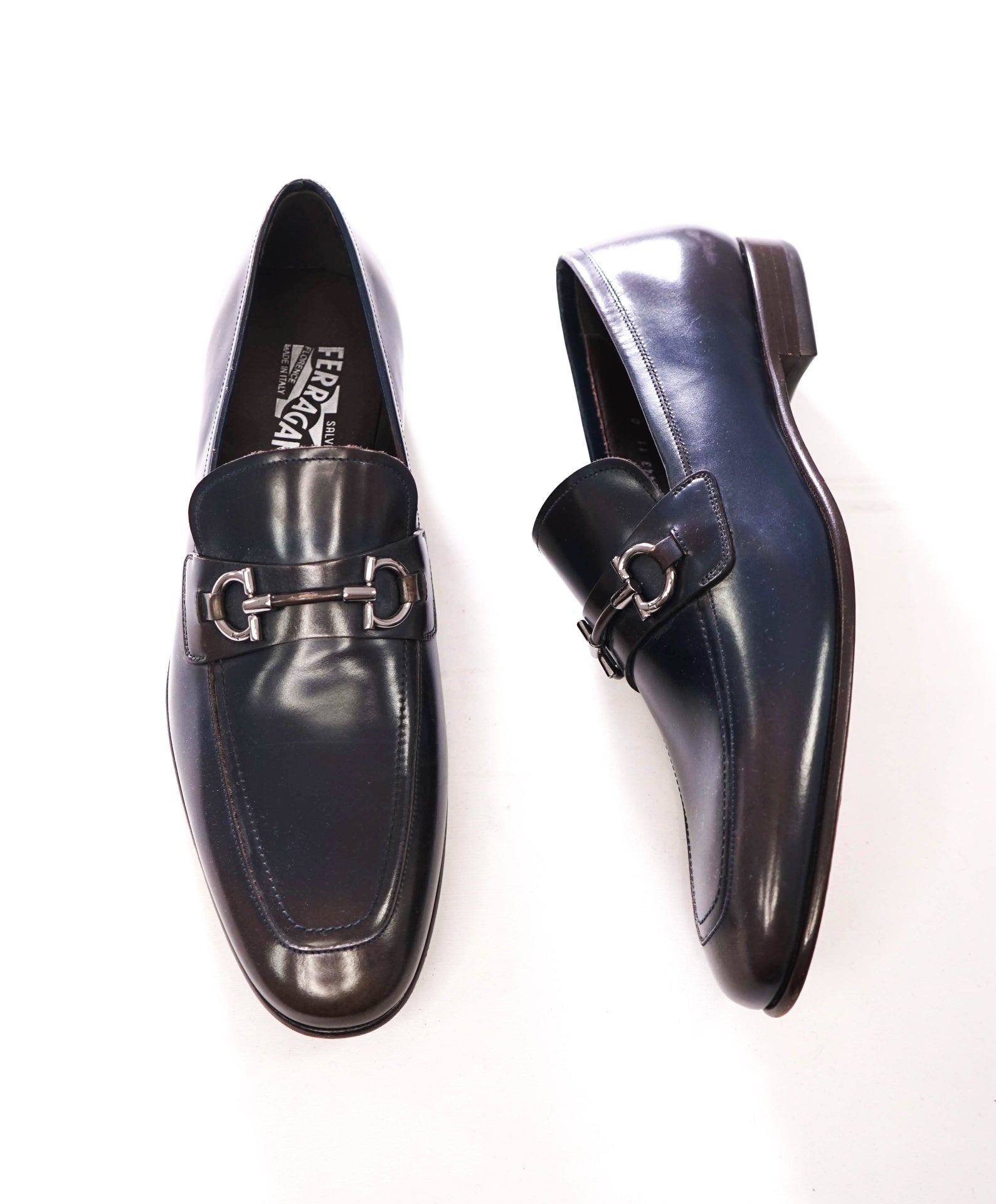 $850 FERRAGAMO - Ombre Navy Blue/Brown Leather Loafers - 11 D