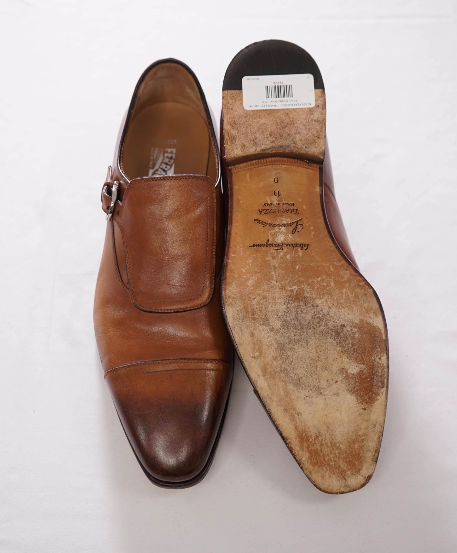 $1,595 FERRAGAMO - "TRAMEZZA" Leather Brown Single Monk - 11 D