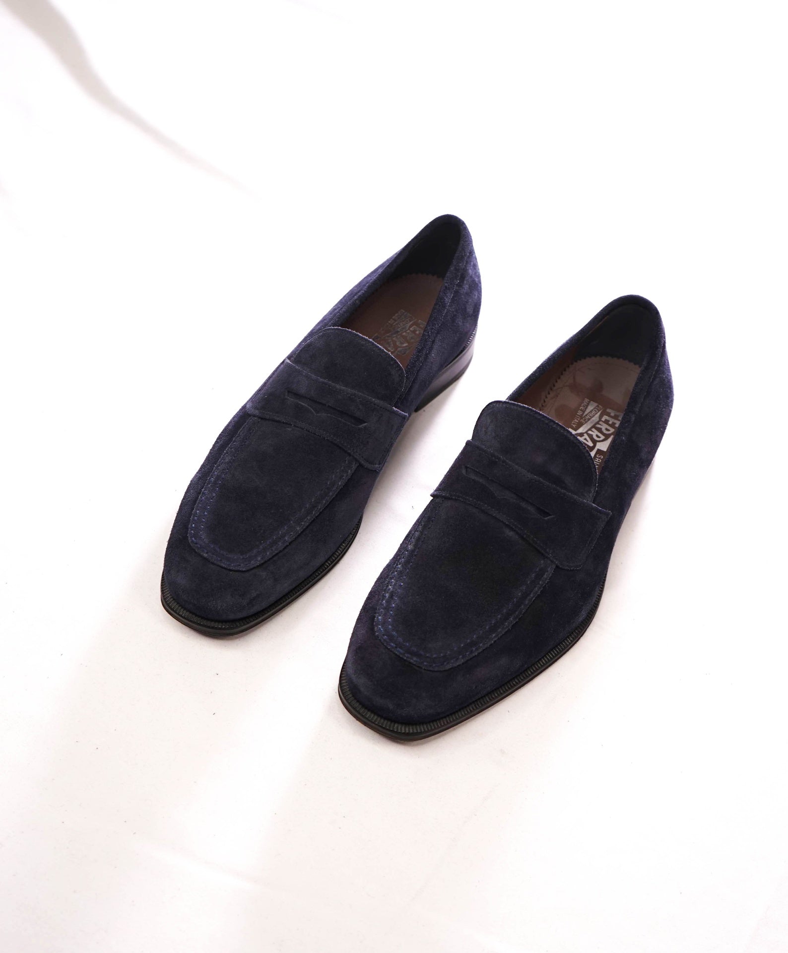 $795 FERRAGAMO - "STREET" Navy Blue Suede Penny Loafers - 7 3E