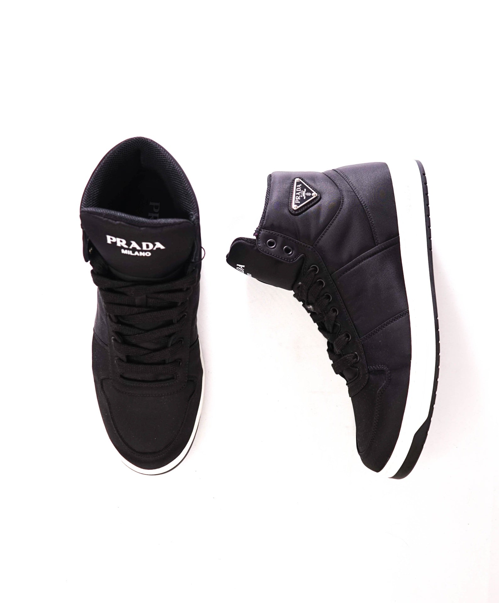 $1,120 PRADA - Black Nylon High Top Sneakers - US 8 (7UK)