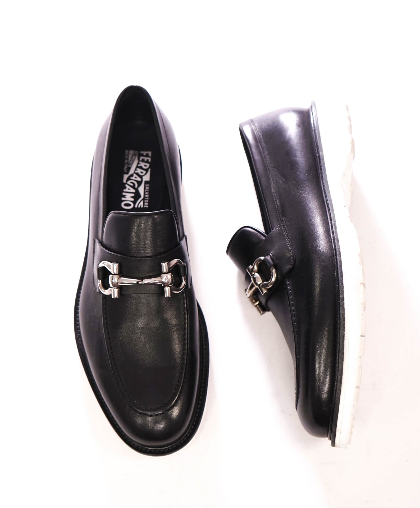 $795 FERRAGAMO - Black Leather Lug Sole Loafers - 11 EE