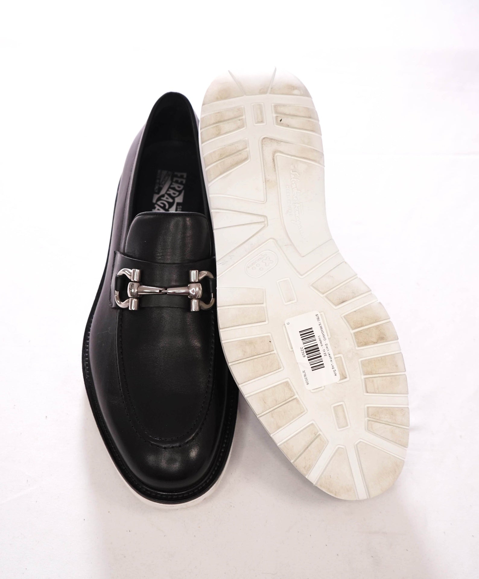 $795 FERRAGAMO - Black Leather Lug Sole Loafers - 11 EE