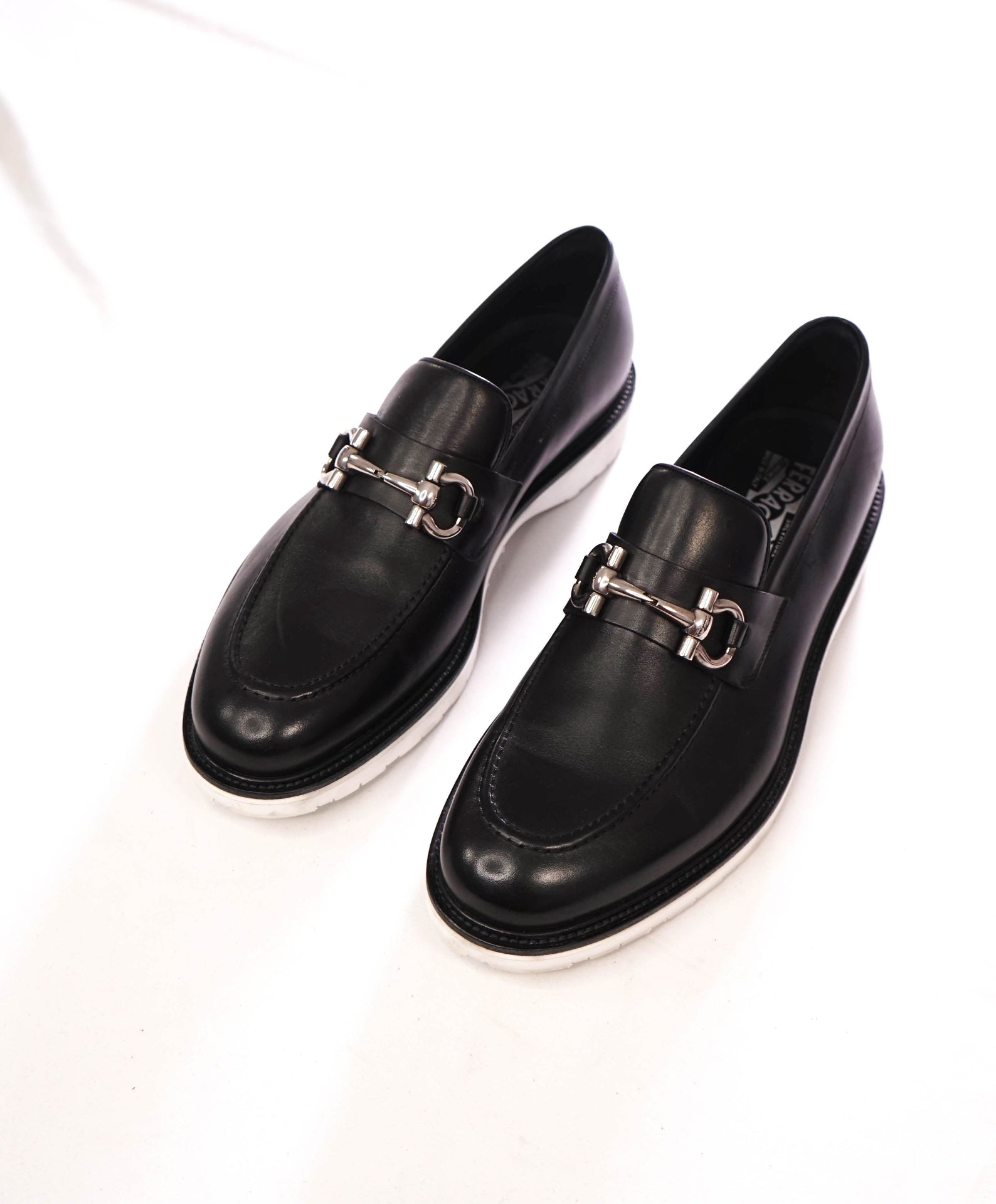 $795 FERRAGAMO - Black Leather Lug Sole Loafers - 11 EE