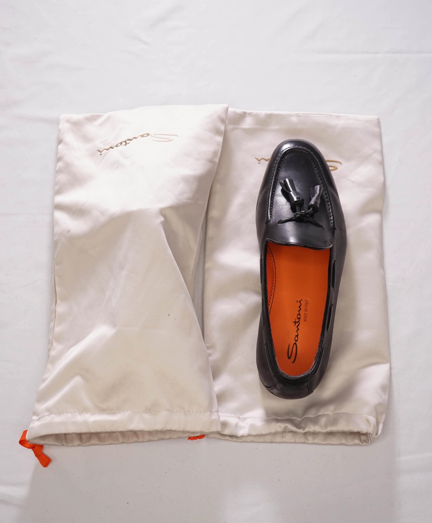 $970 SANTONI - Black Leather Tassel Loafers - US 8 (7UK)