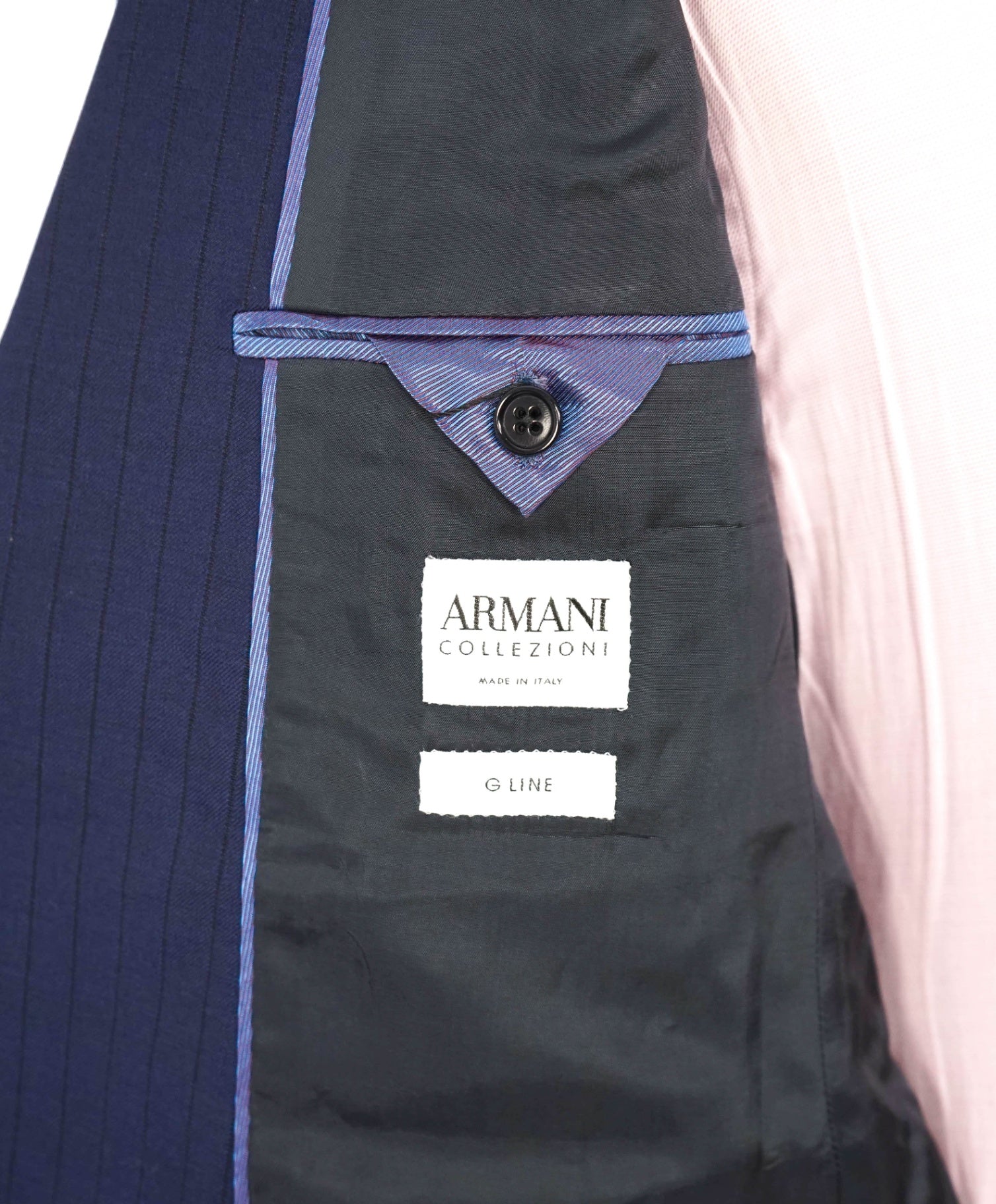 $1,995 ARMANI COLLEZIONI - Navy Blue Stripe Wool "G LINE" Suit - 38S