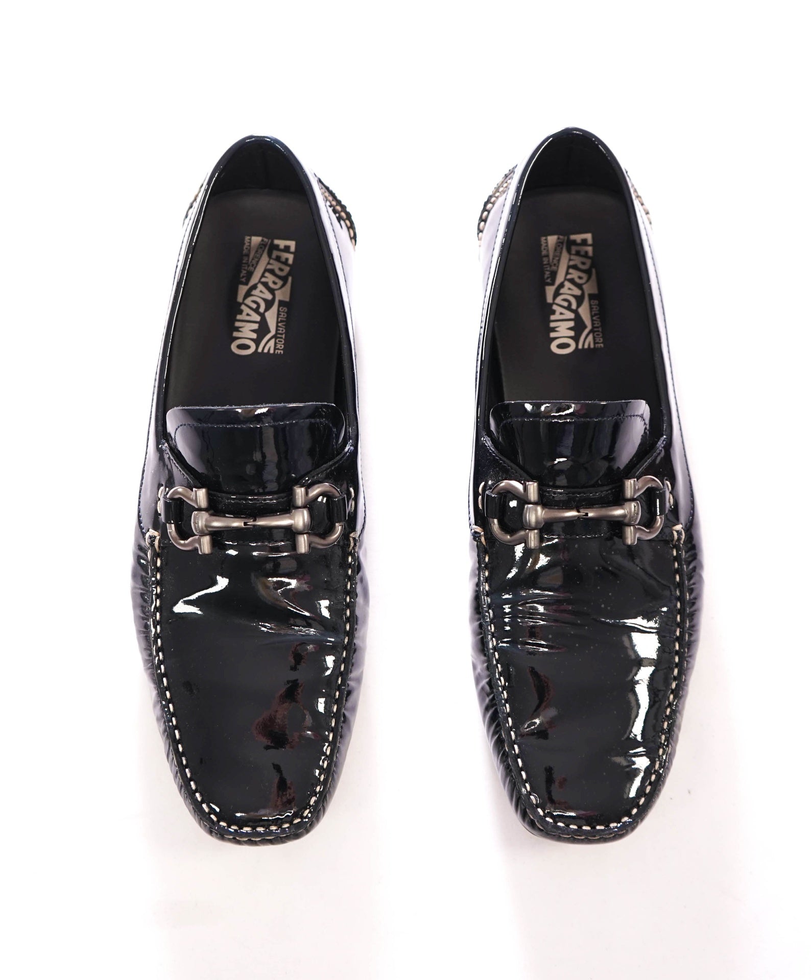 $750 FERRAGAMO - Black Patent Leather Driving Loafers - 9 EE
