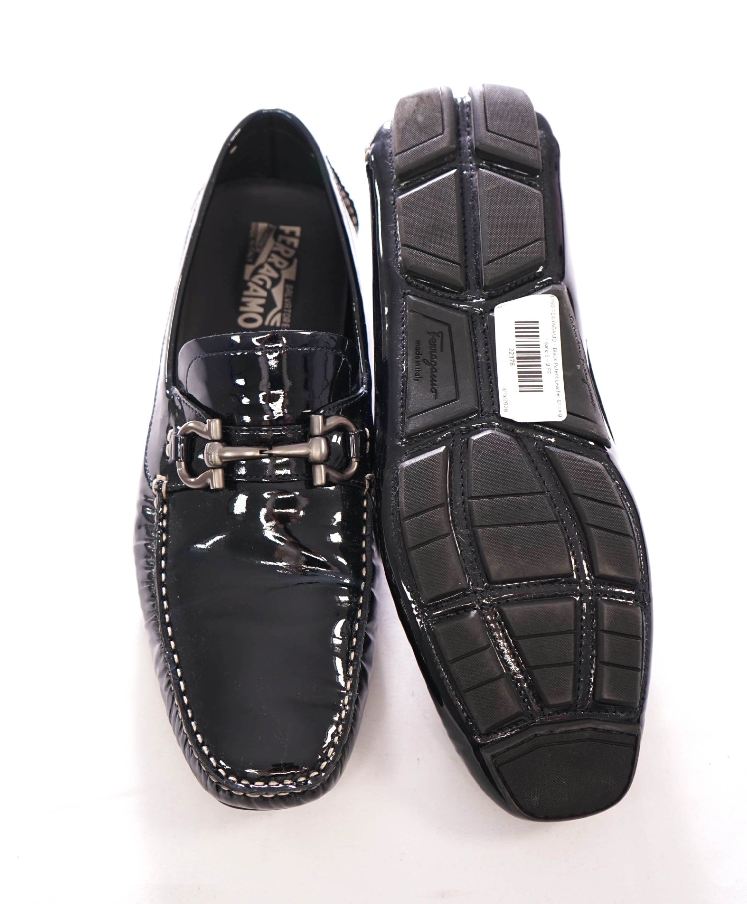 $750 FERRAGAMO - Black Patent Leather Driving Loafers - 9 EE