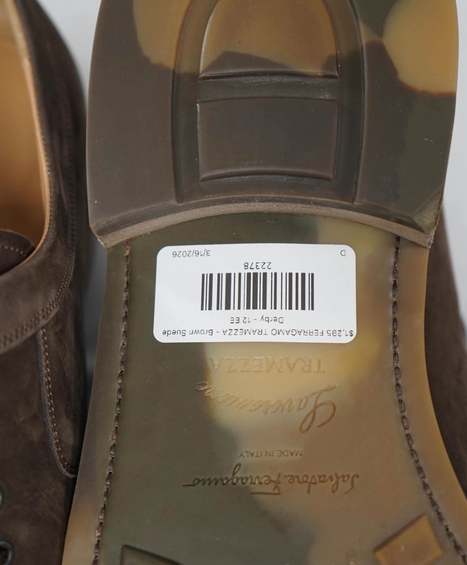 $1,295 FERRAGAMO - TRAMEZZA - Brown Suede Derby - 12 EE