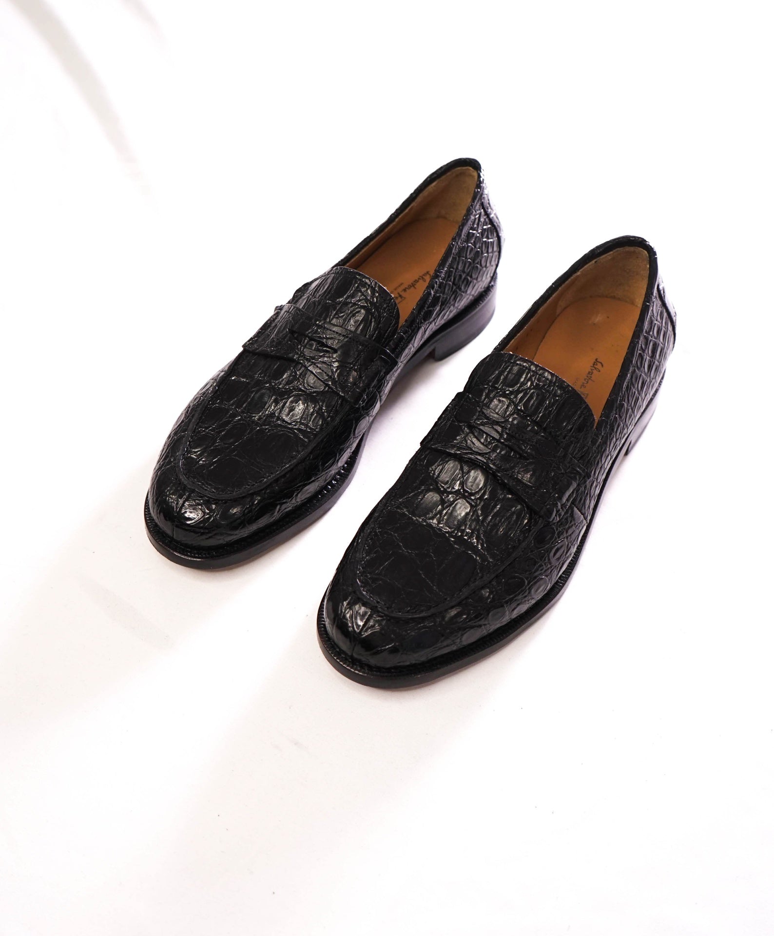 $2,100 FERRAGAMO TRAMEZZA - Black "Crocodile Skin" Loafers - 9.5 D