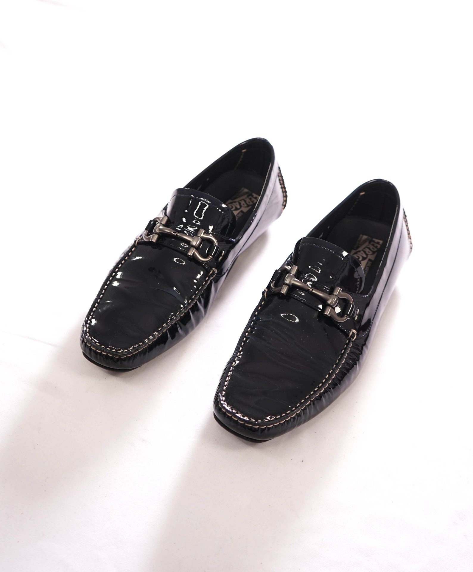 $750 FERRAGAMO - Black Patent Leather Driving Loafers - 9 EE