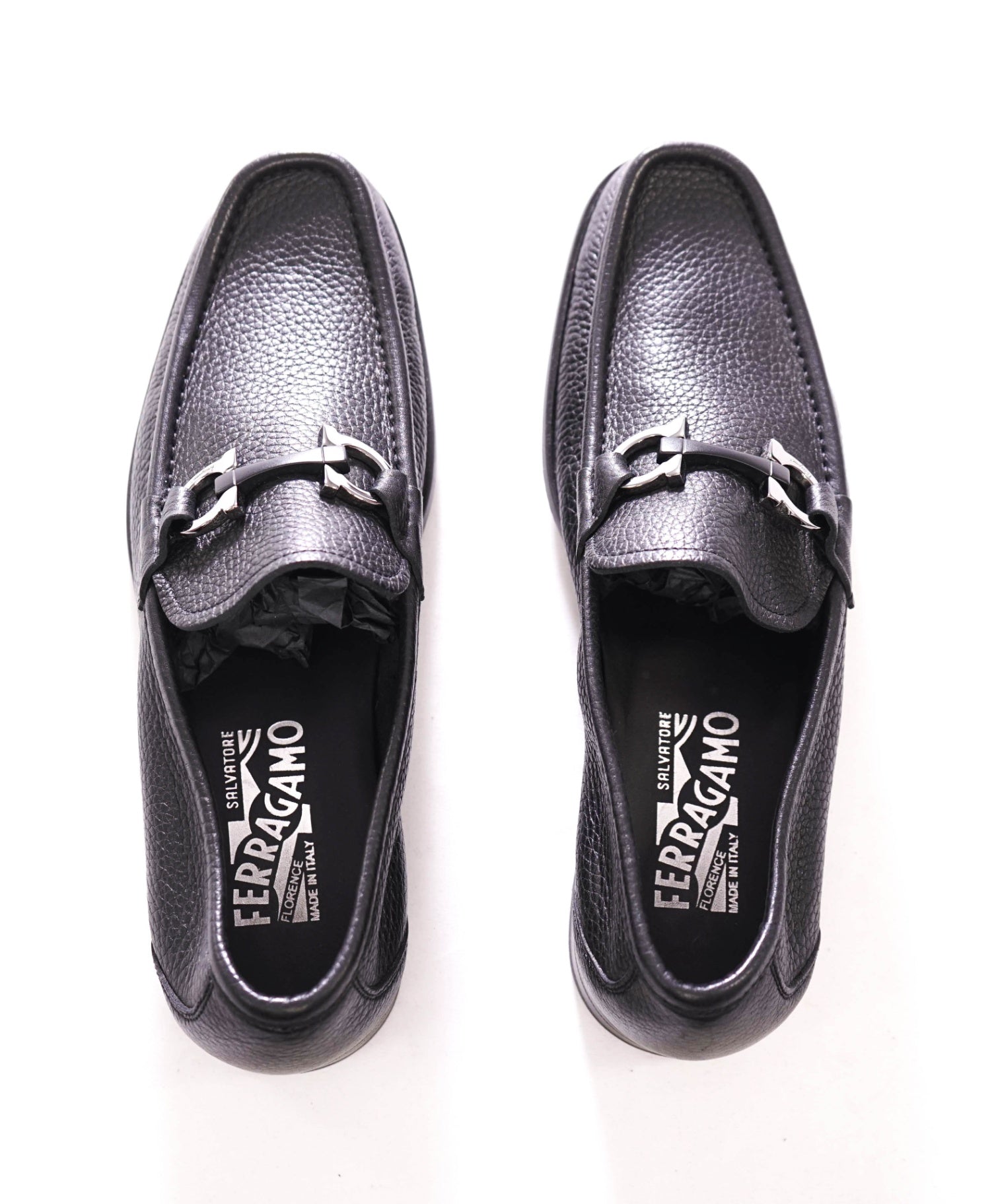 $850 FERRAGAMO - *GRANDIOSO* Black Pebble Leather Loafers - 7 D
