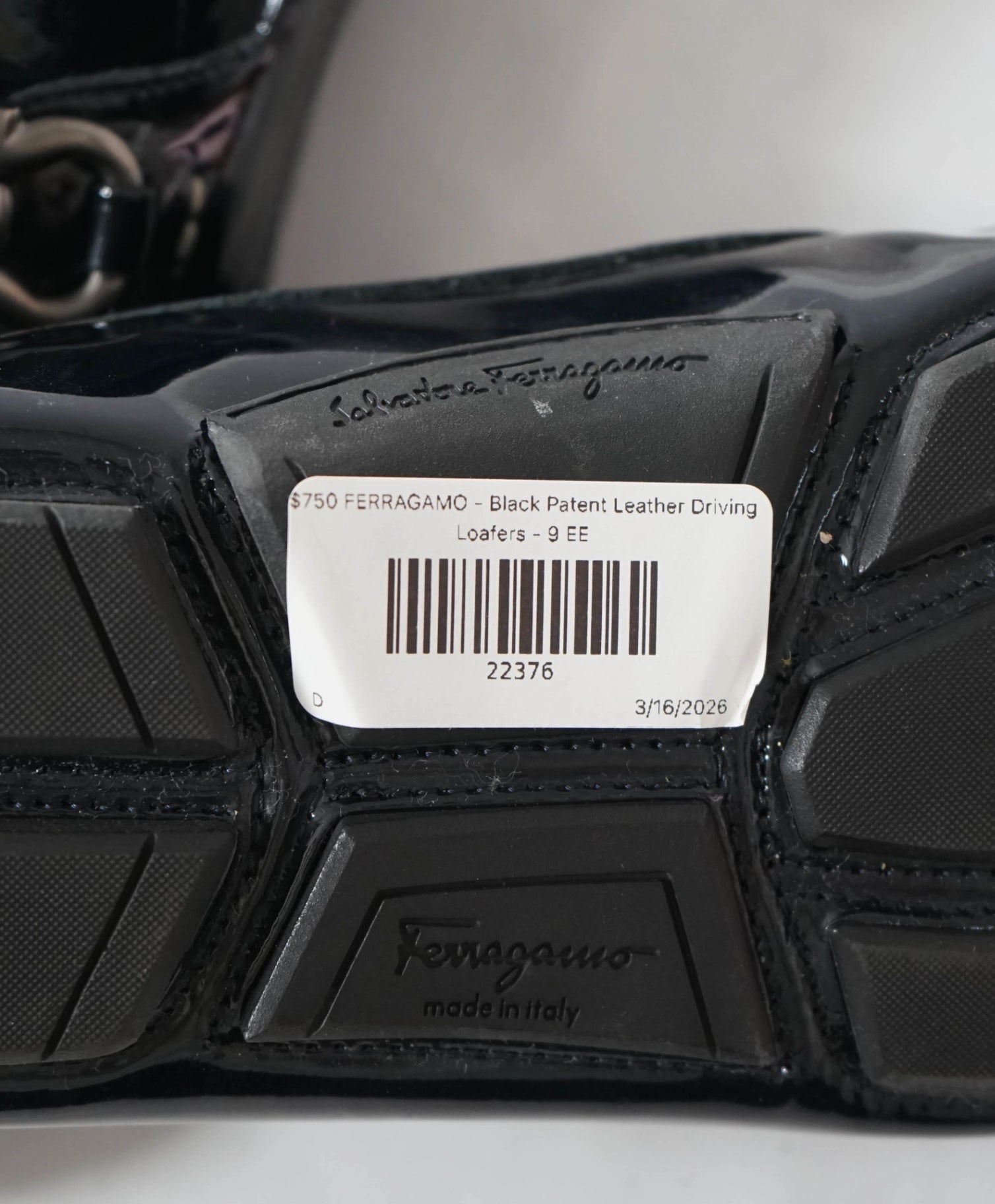 $750 FERRAGAMO - Black Patent Leather Driving Loafers - 9 EE