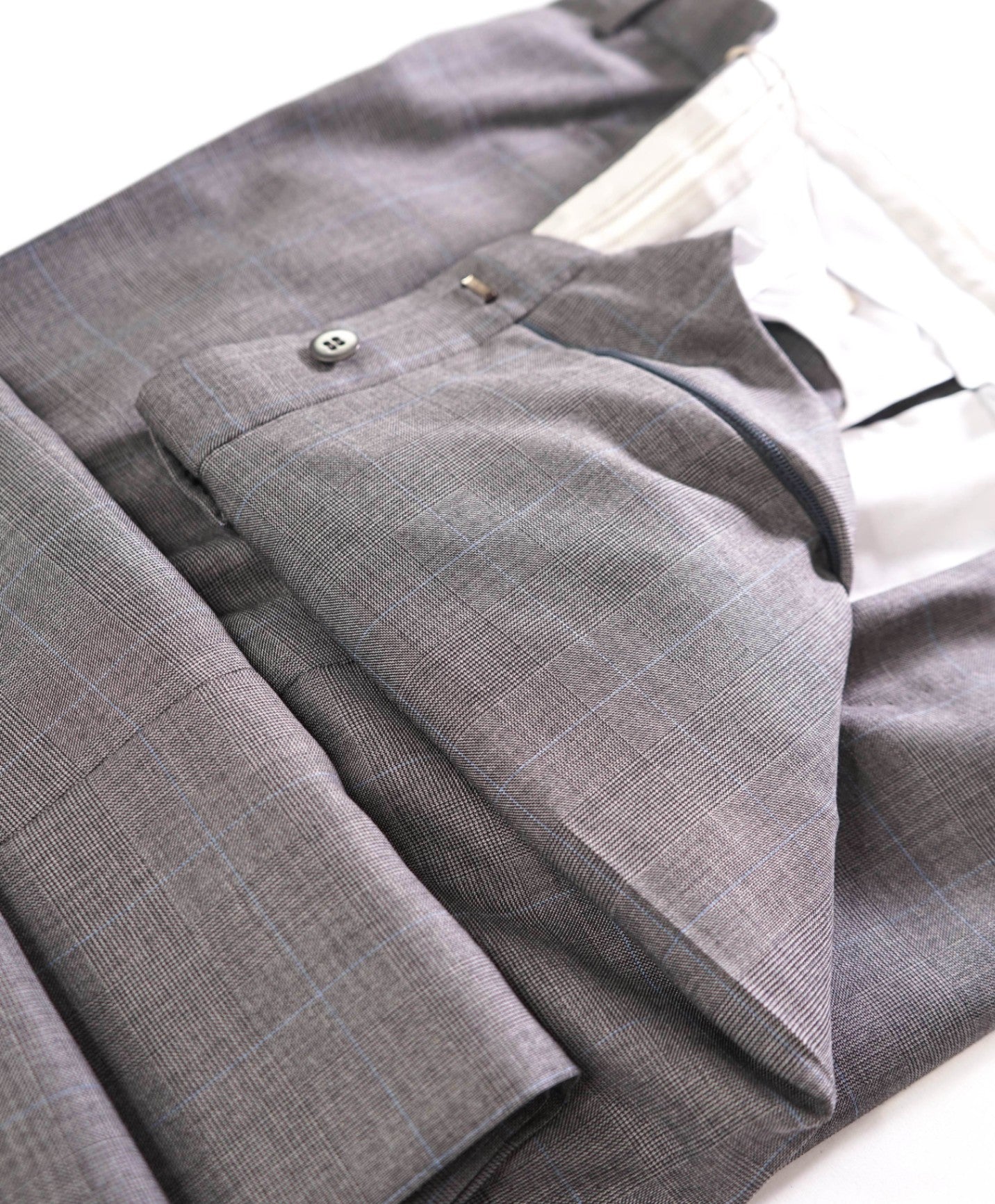 $2,450 BRIONI - Gray/Light Blue Plaid Wool "THETA" Pants - 38W