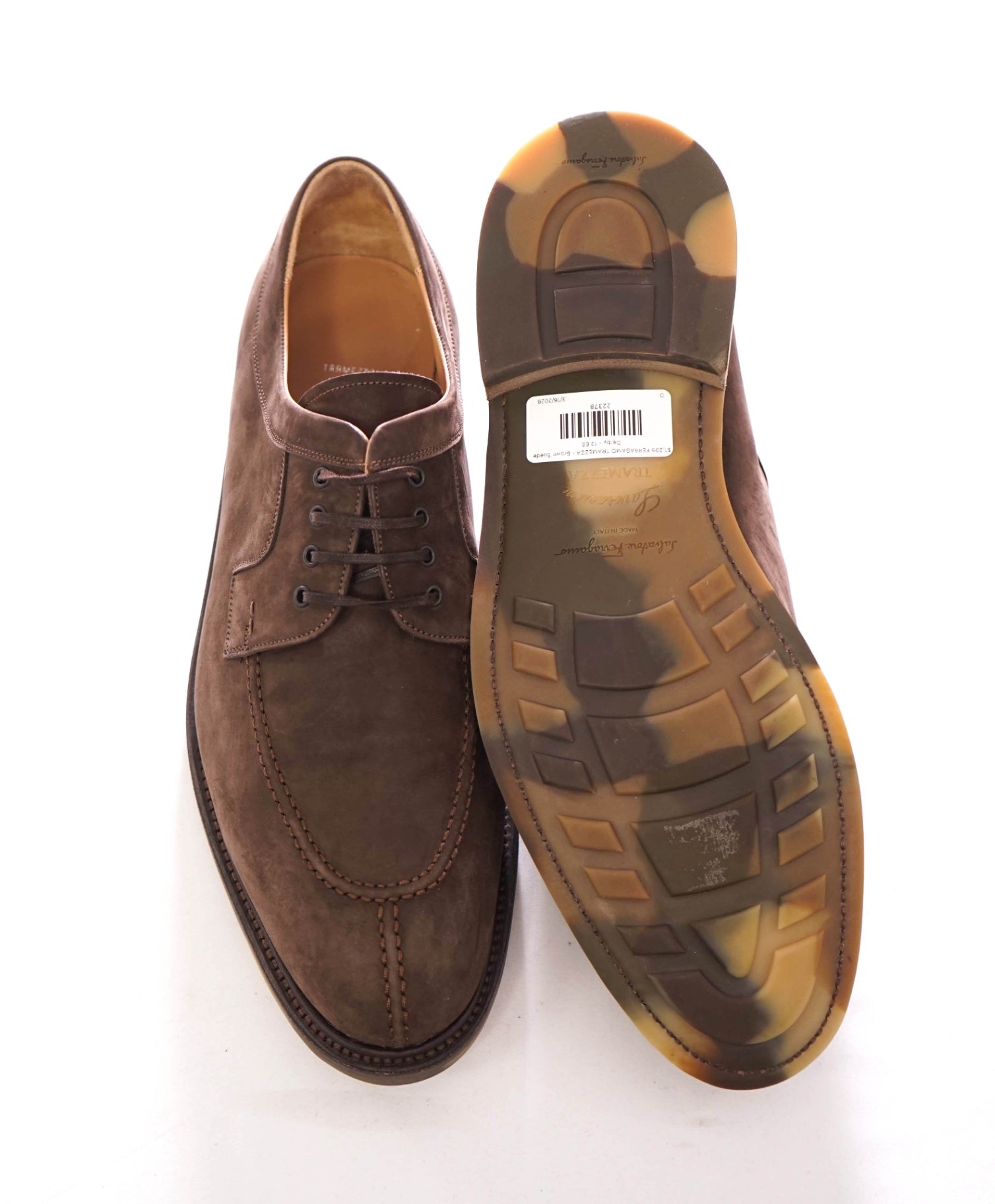 $1,295 FERRAGAMO - TRAMEZZA - Brown Suede Derby - 12 EE