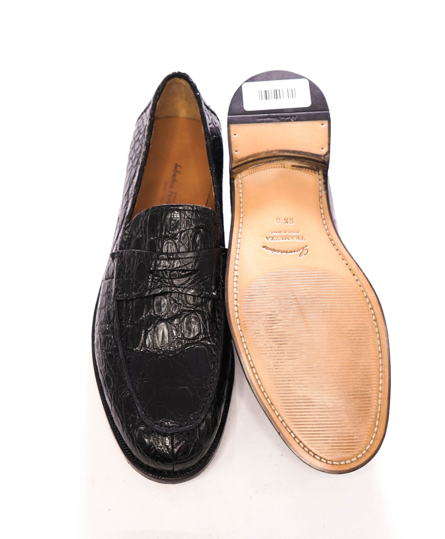 $2,100 FERRAGAMO TRAMEZZA - Black "Crocodile Skin" Loafers - 9.5 D