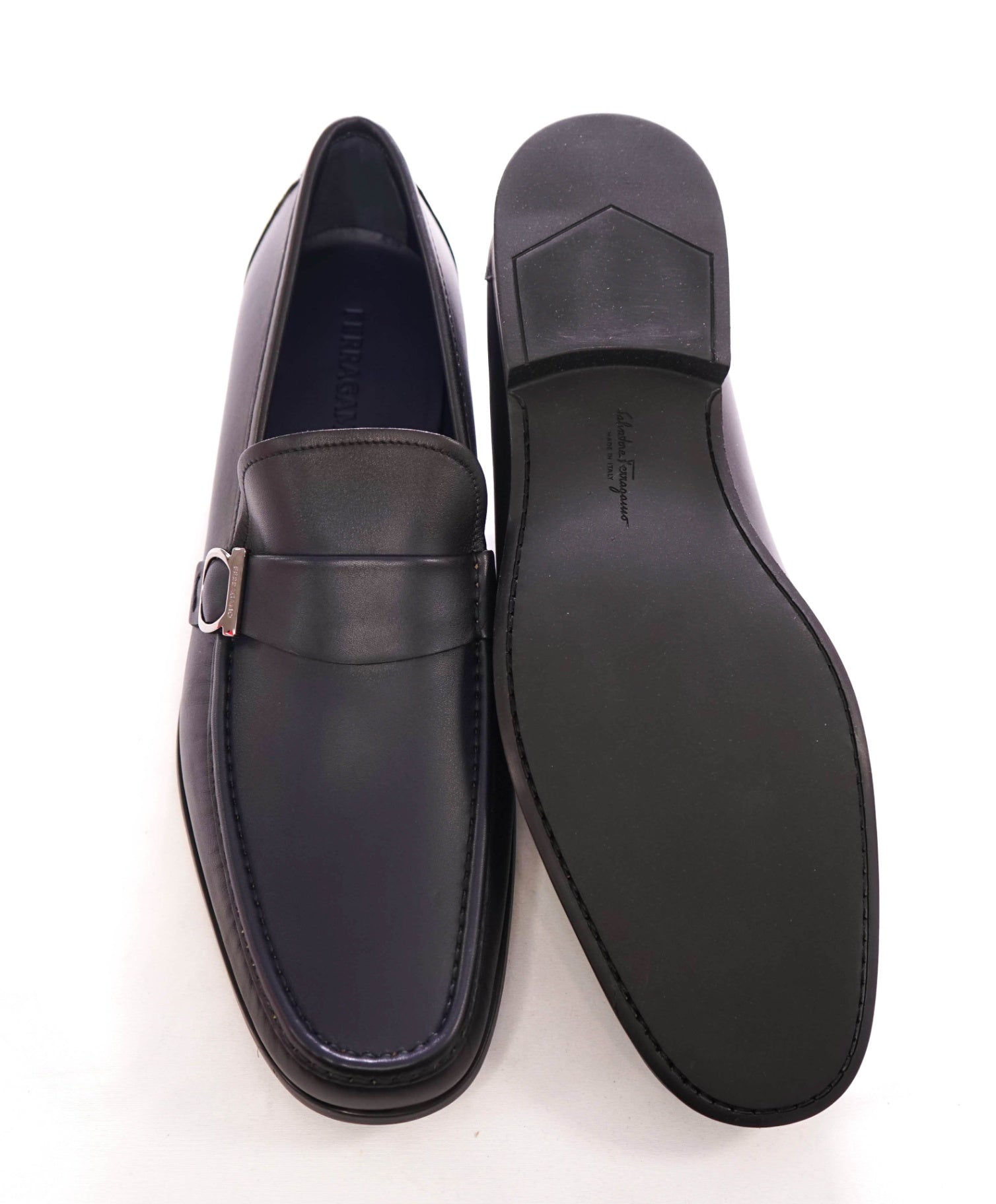 $850 FERRAGAMO - Midnight Blue Leather "DUOMO" Loafers - 13 E