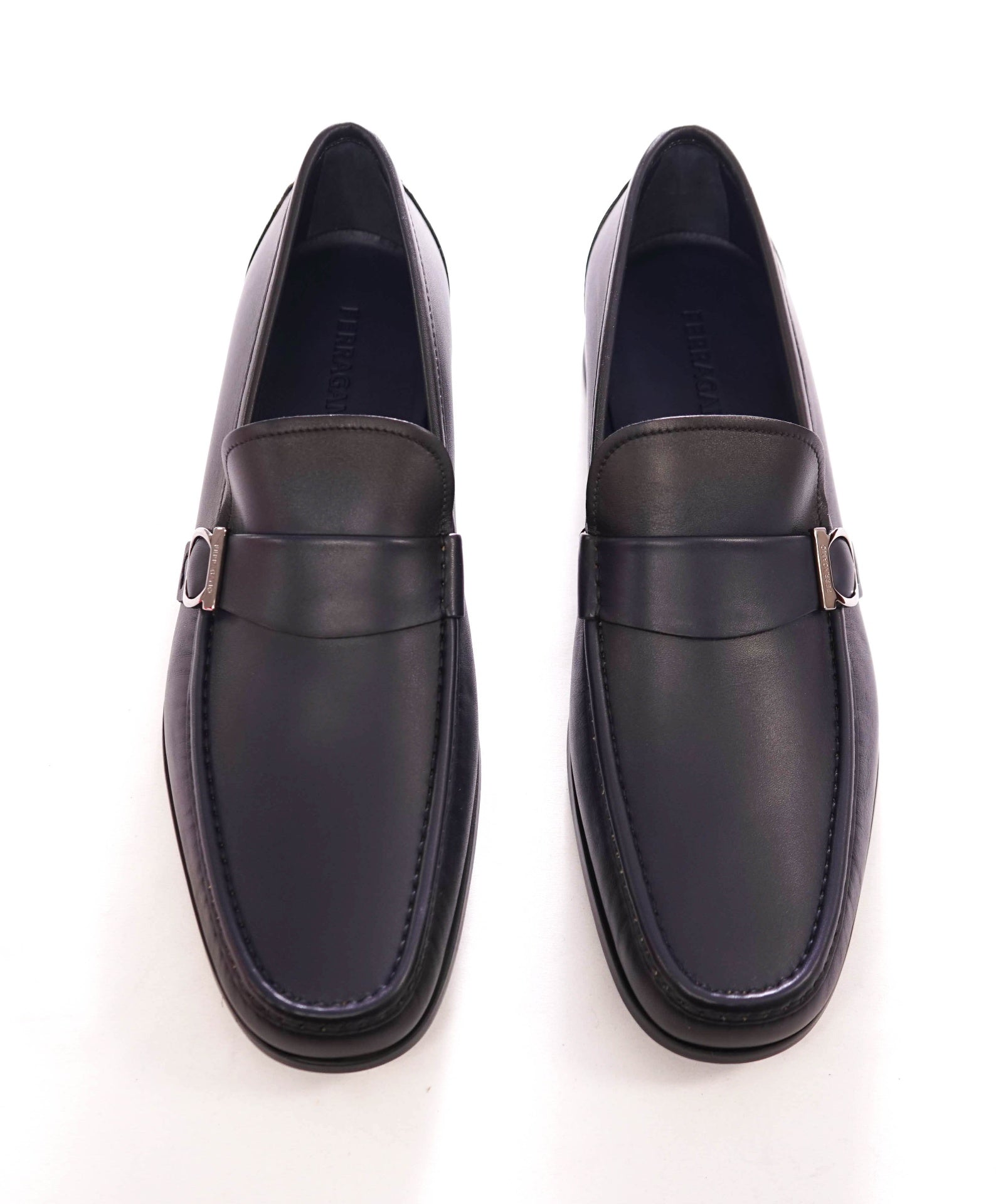 $850 FERRAGAMO - Midnight Blue Leather "DUOMO" Loafers - 13 E