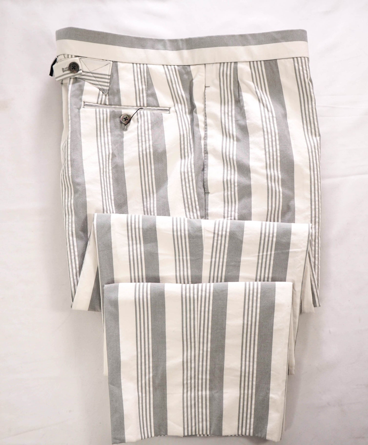 $1,350 THOM BROWNE - Gray/White Stripe Cotton Chinos - 35W
