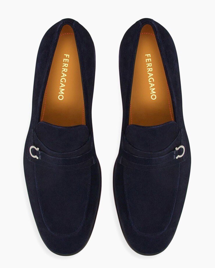 $950 FERRAGAMO - Midnight Blue Suede "DESIO" Loafers - 11 E