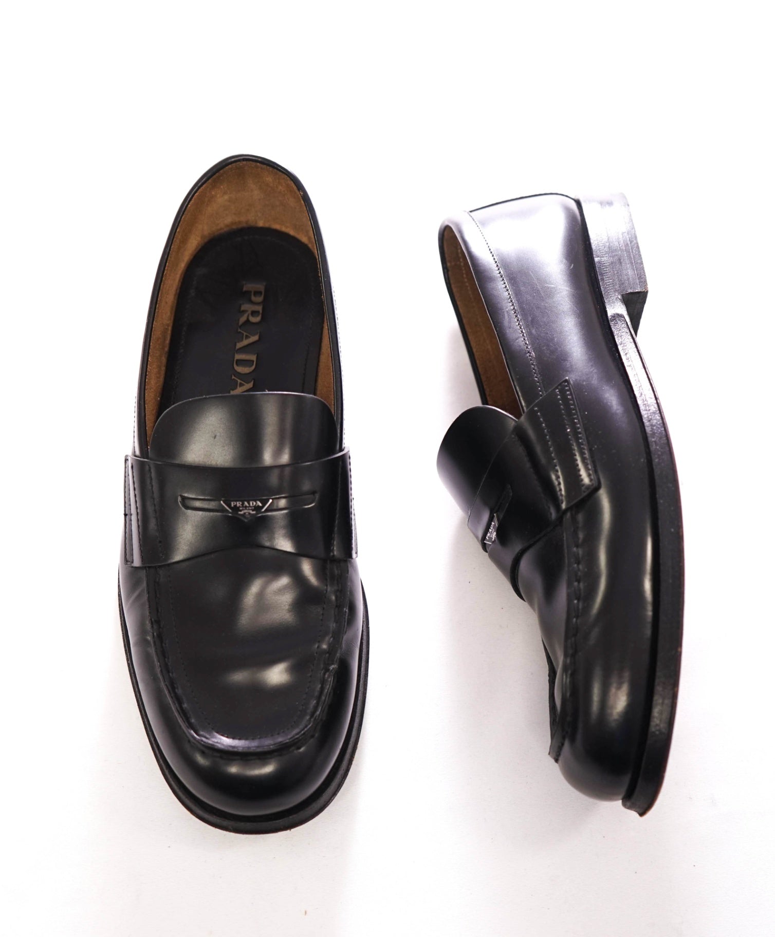 $1,200 PRADA - Black Leather Penny Loafers - US 7.5 (6.5UK)