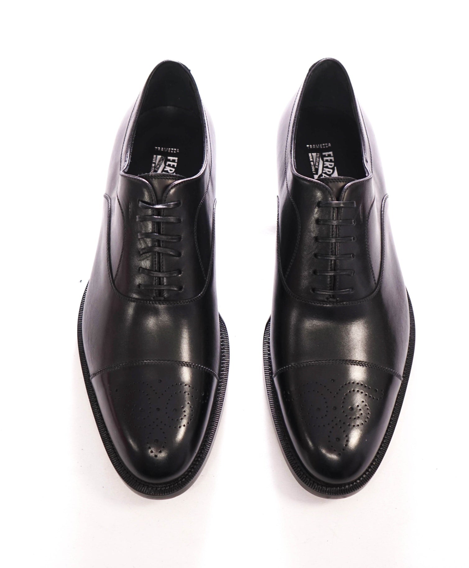 $1,090 FERRAGAMO - Black Leather "GOYA" Cap Toe Oxfords - 11 EE