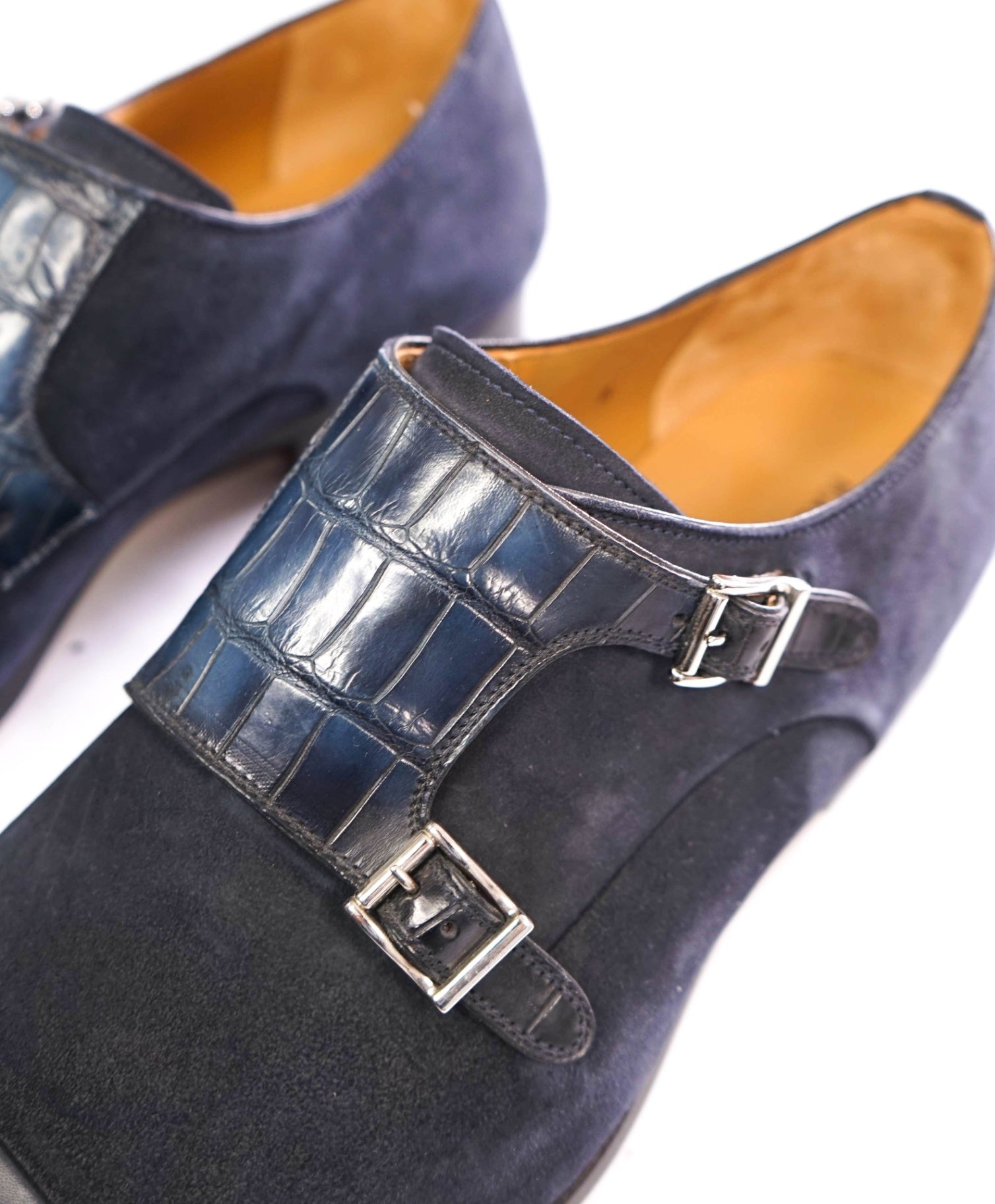 $1,020 MAGNANNI - Blue Alligator/Suede/Leather Monk Straps - 11 M